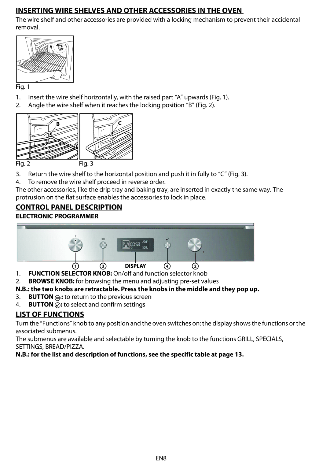 Whirlpool AKZM 654 Inserting Wire Shelves and Other Accessories in the Oven, Control Panel Description, List of Functions 