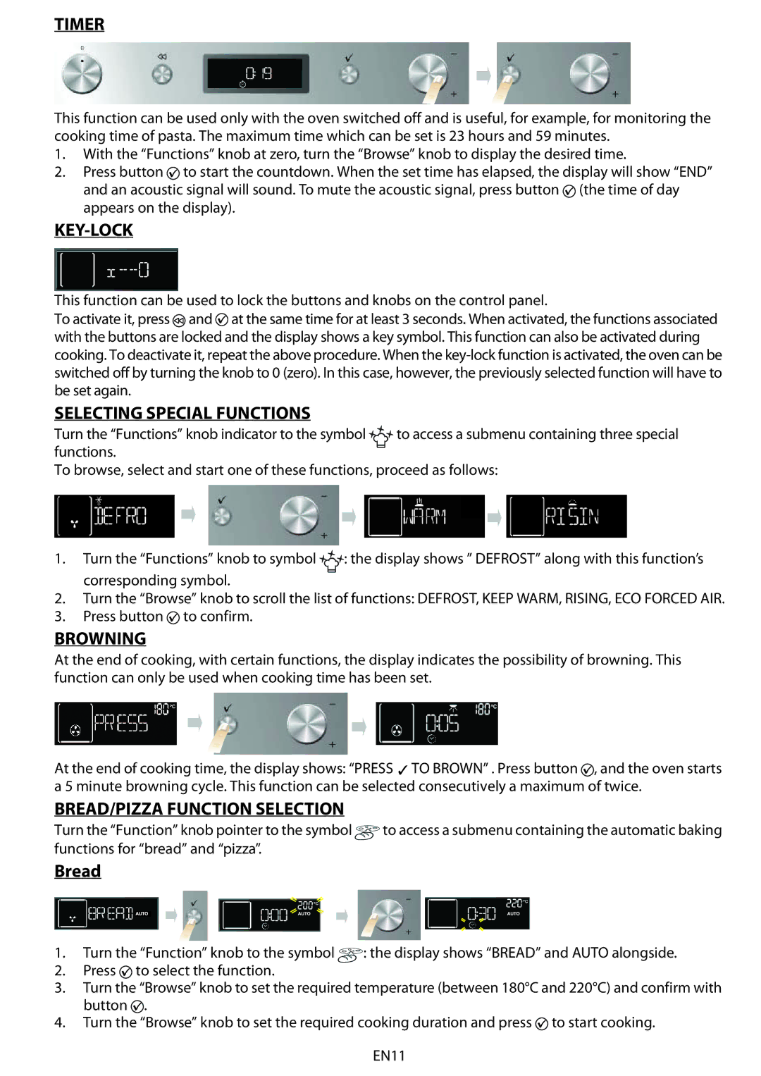 Whirlpool AKZM 654 manual Timer, Key-Lock, Selecting Special Functions, Browning, BREAD/PIZZA Function Selection 