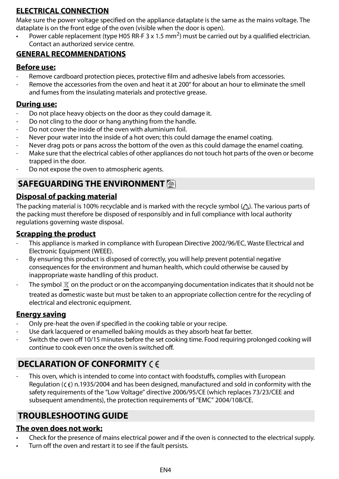 Whirlpool AKZM 654 Safeguarding the Environment, Declaration of Conformity, Troubleshooting Guide, Electrical Connection 