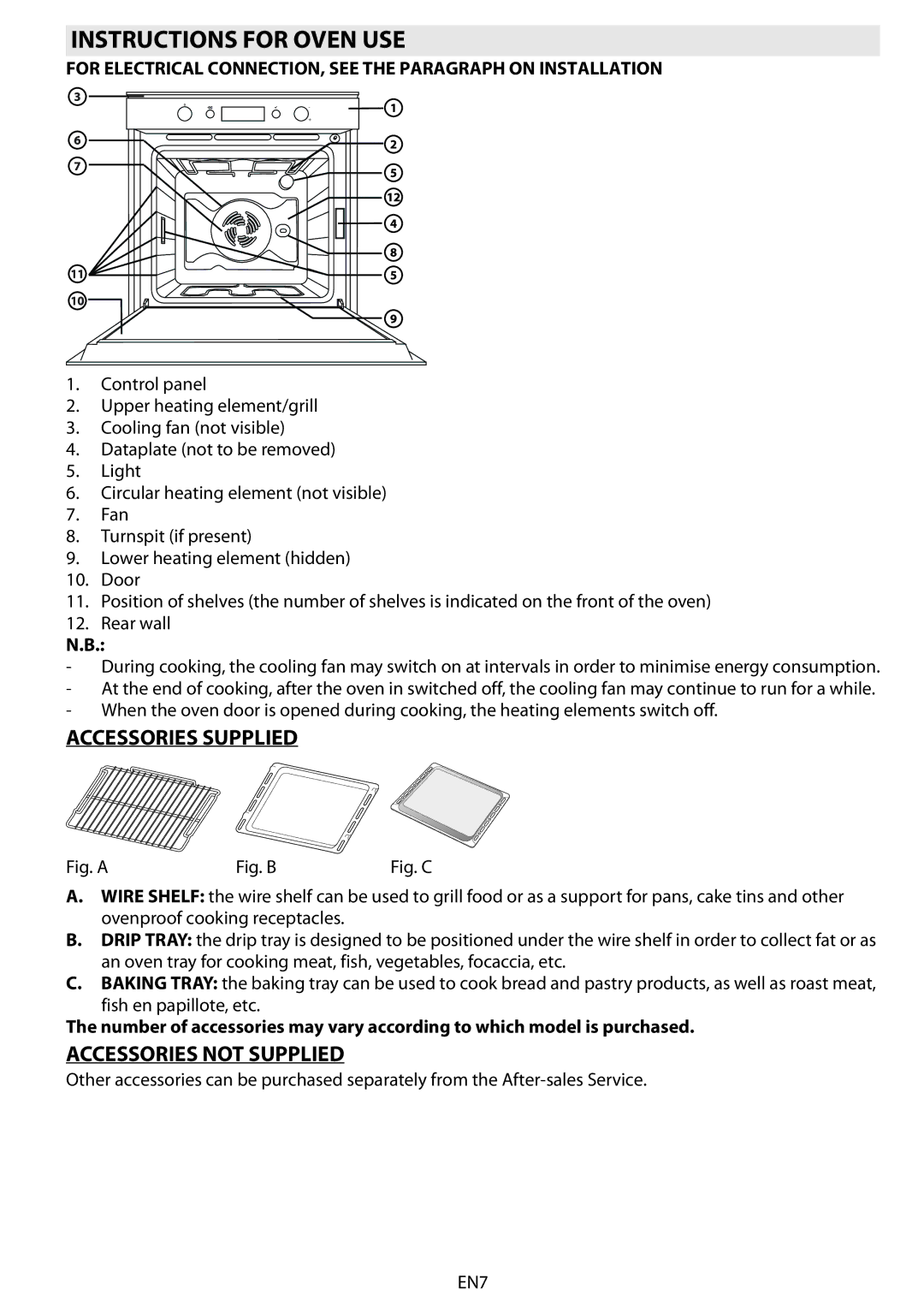 Whirlpool AKZM 654 manual Instructions for Oven USE, Accessories Supplied, Accessories not Supplied 