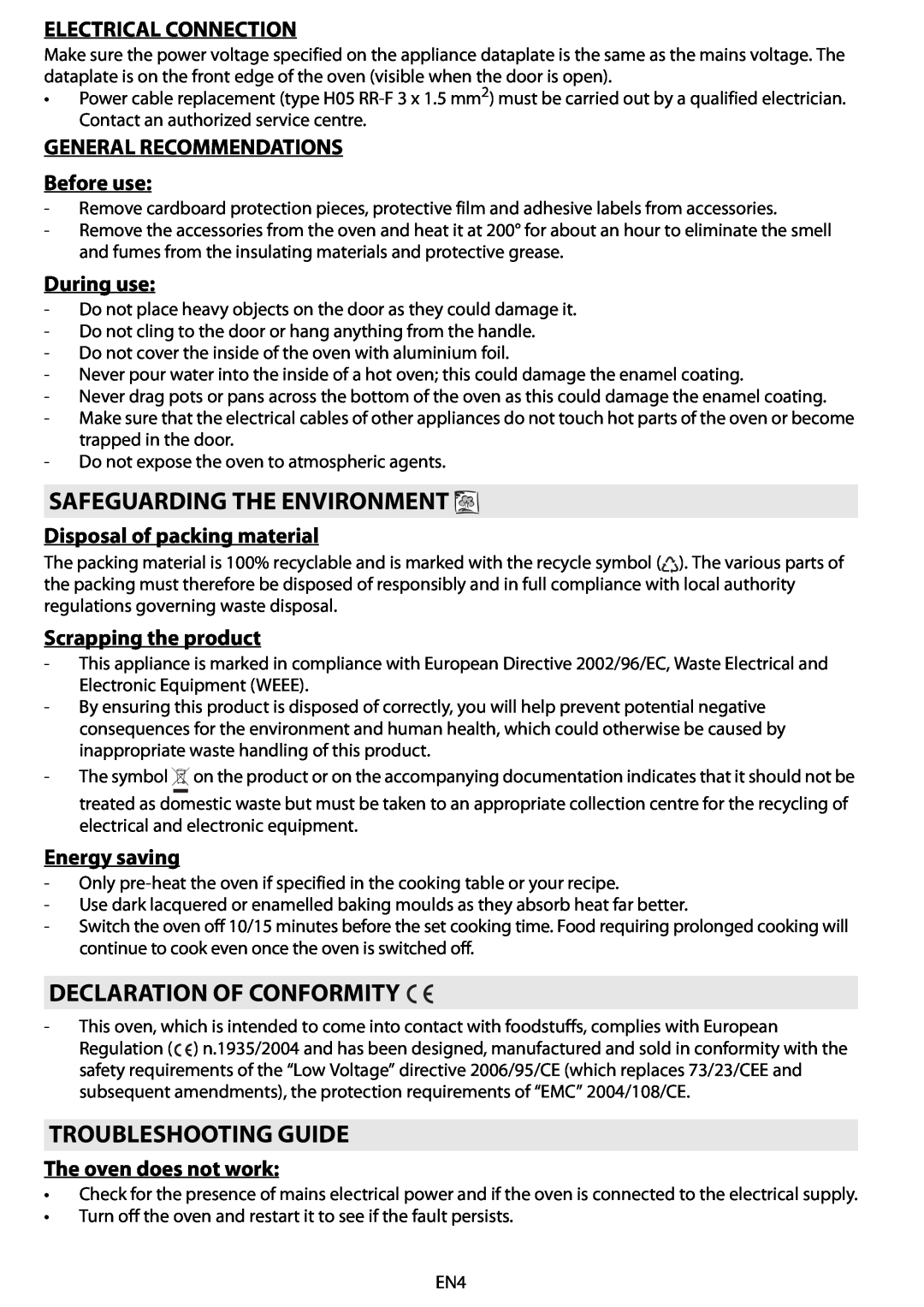 Whirlpool AKZM 654 Safeguarding The Environment, Declaration Of Conformity, Troubleshooting Guide, Electrical Connection 