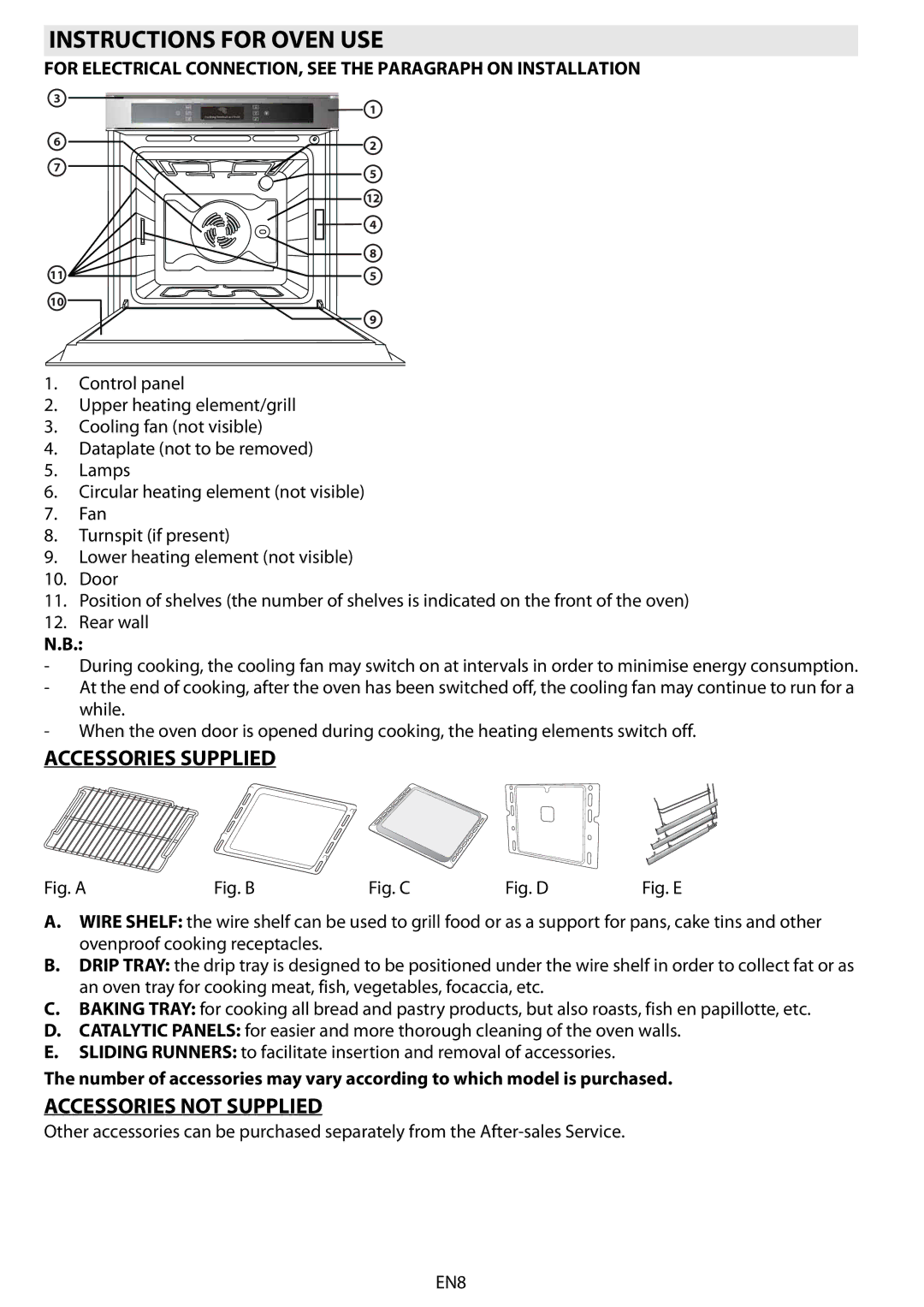 Whirlpool AKZM 6560 manual Instructions for Oven USE, Accessories Supplied, Accessories not Supplied 