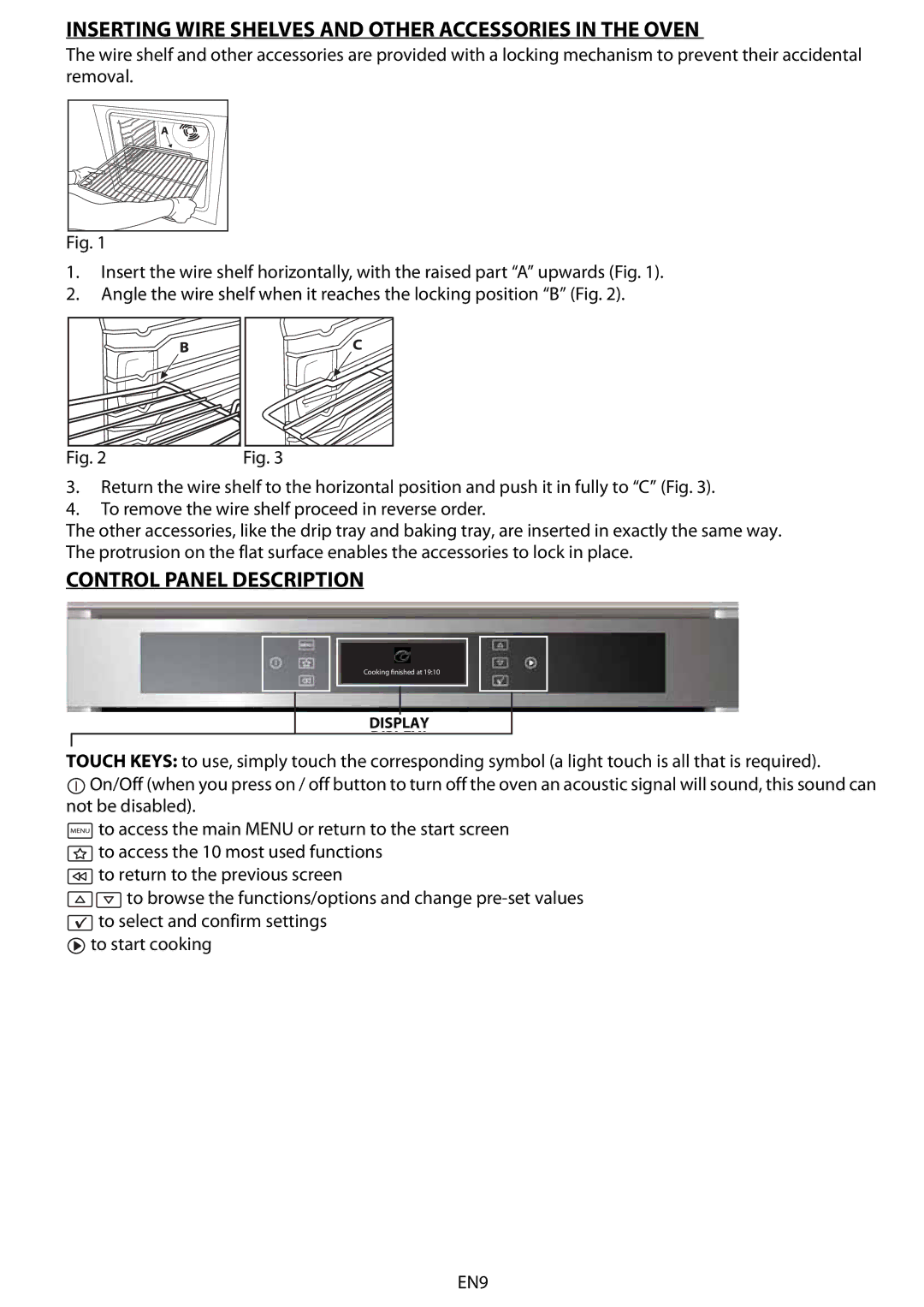 Whirlpool AKZM 6560 manual Inserting Wire Shelves and Other Accessories in the Oven, Control Panel Description 