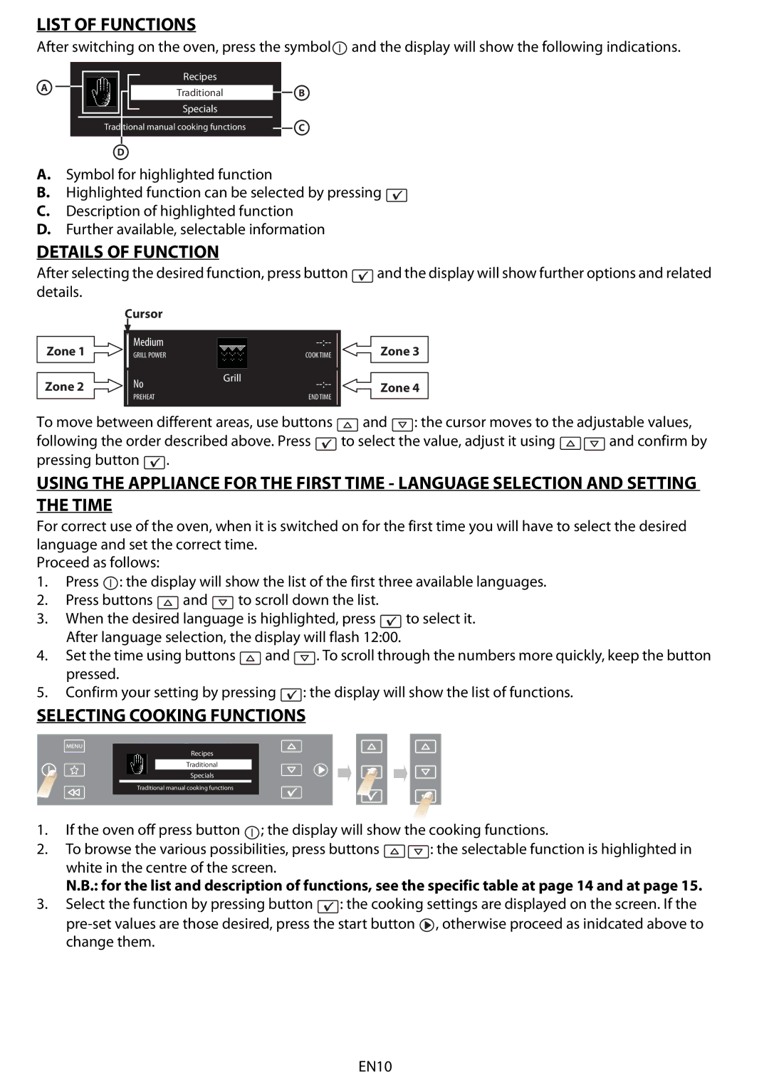 Whirlpool AKZM 6560 manual List of Functions, Details of Function, Selecting Cooking Functions 