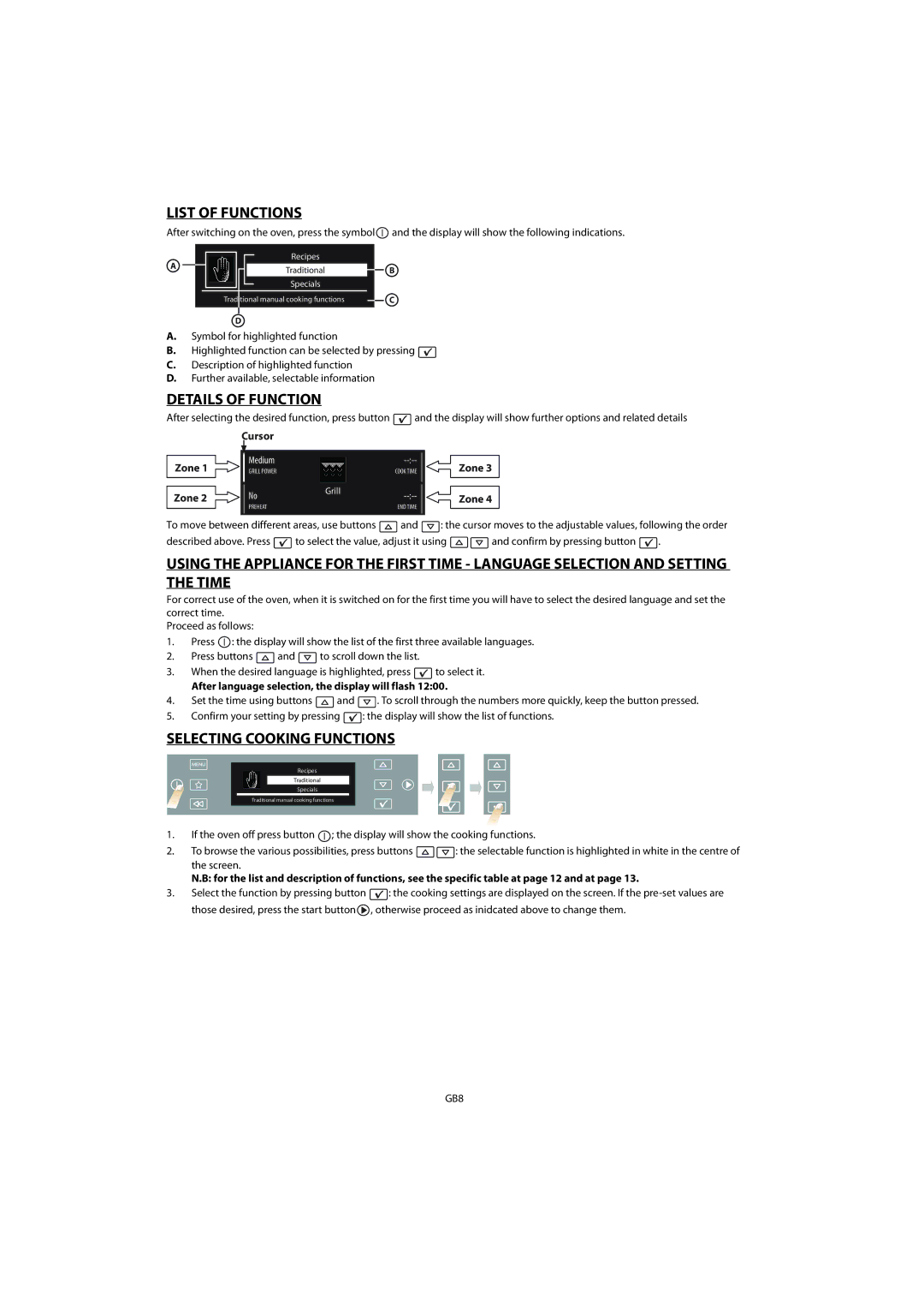 Whirlpool AKZM 656 manual List of Functions, Details of Function, Selecting Cooking Functions, Cursor Zone 