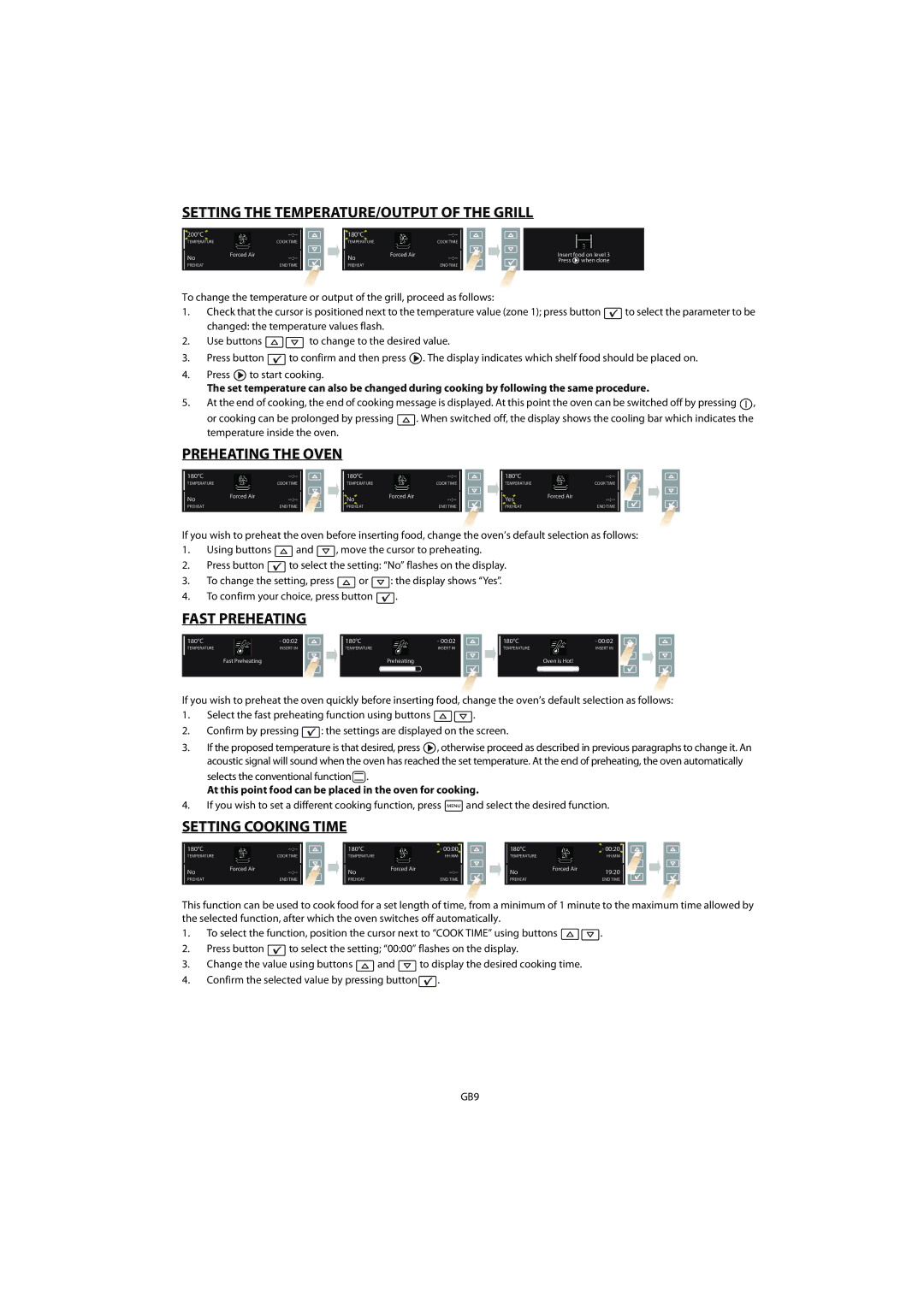 Whirlpool AKZM 656 Setting the TEMPERATURE/OUTPUT of the Grill, Preheating the Oven, Fast Preheating, Setting Cooking Time 