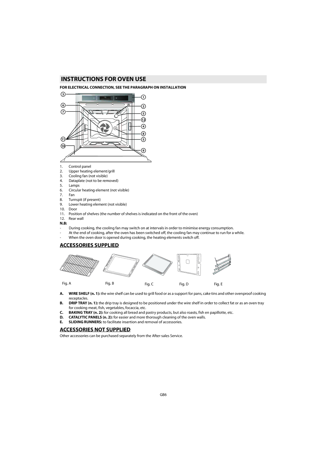 Whirlpool AKZM 656 manual Instructions for Oven USE, Accessories Supplied, Accessories not Supplied 