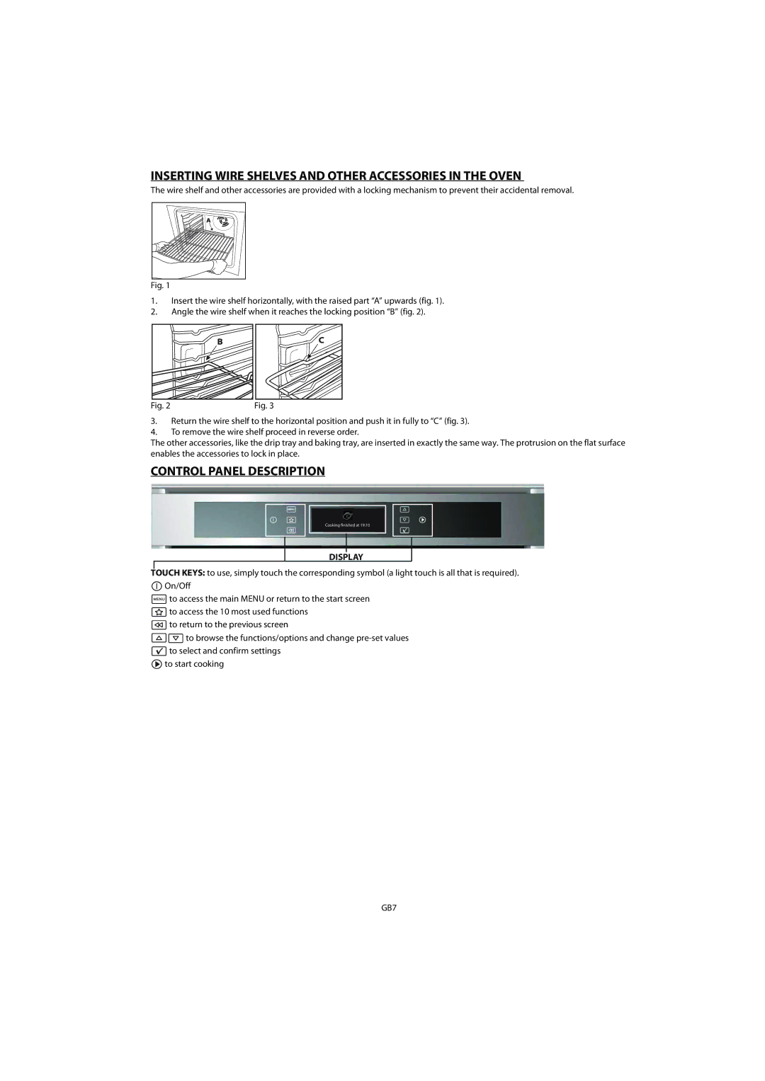 Whirlpool AKZM 656 manual Inserting Wire Shelves and Other Accessories in the Oven, Control Panel Description 