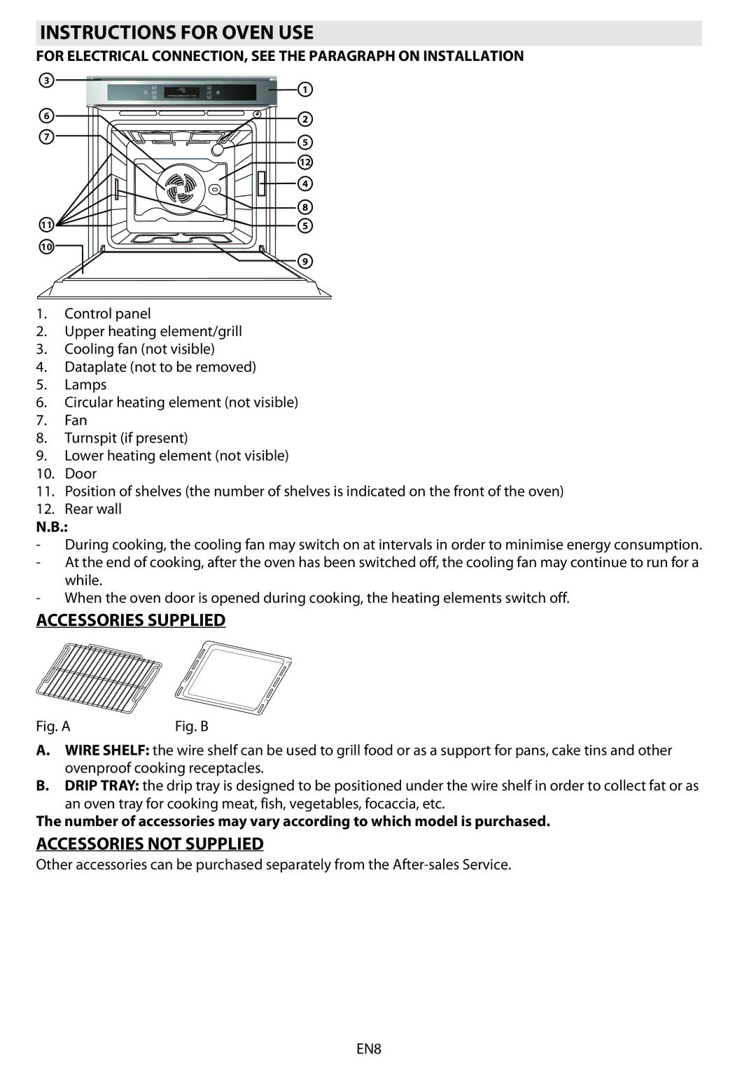 Whirlpool AKZM 6560 manual Instructions for Oven USE, Accessories Supplied, Accessories not Supplied 