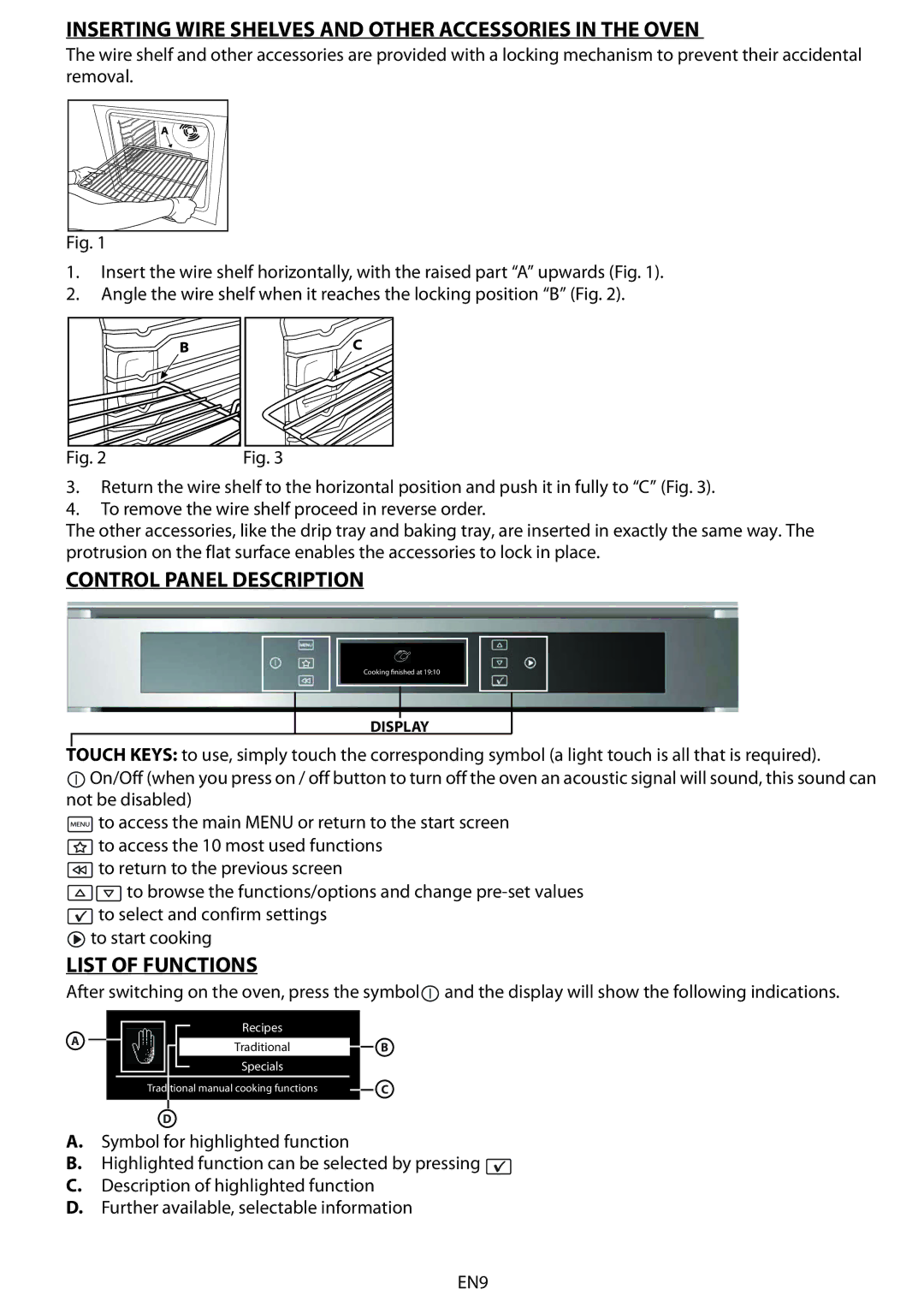 Whirlpool AKZM 6560 Inserting Wire Shelves and Other Accessories in the Oven, Control Panel Description, List of Functions 