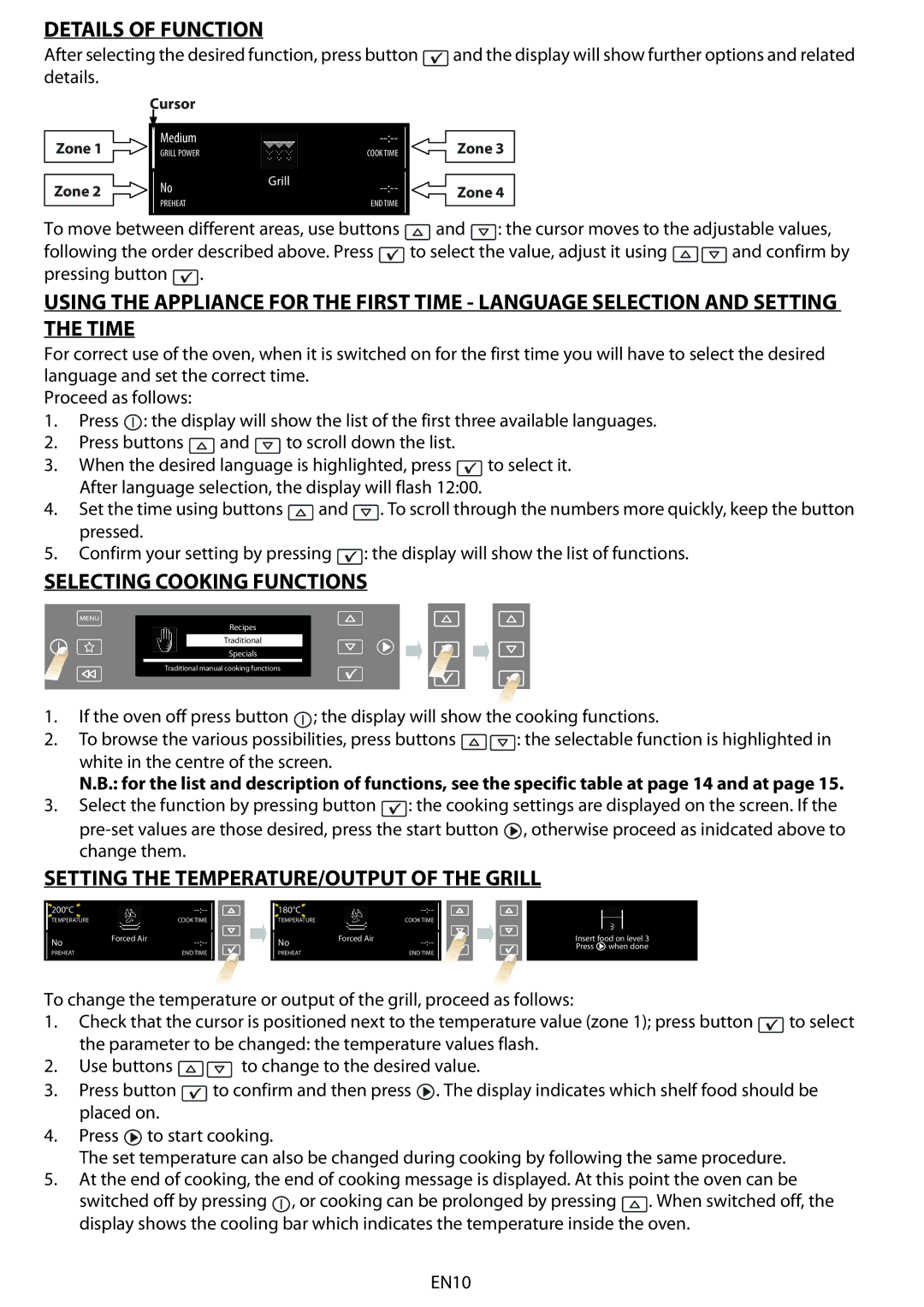 Whirlpool AKZM 6560 manual Details of Function, Selecting Cooking Functions, Setting the TEMPERATURE/OUTPUT of the Grill 