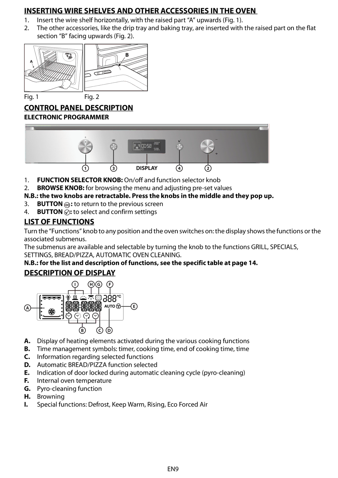 Whirlpool AKZM 6570 Inserting Wire Shelves and Other Accessories in the Oven, Control Panel Description, List of Functions 