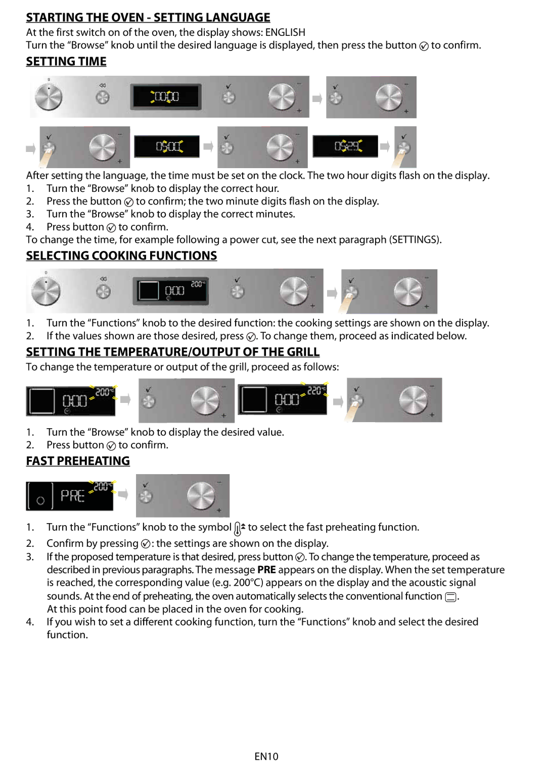 Whirlpool AKZM 657 Starting the Oven Setting Language, Setting Time, Selecting Cooking Functions, Fast Preheating 