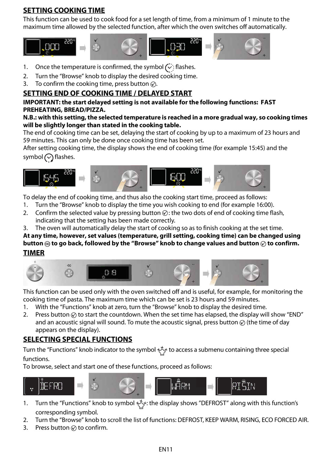 Whirlpool AKZM 6570 Setting Cooking Time, Setting END of Cooking Time / Delayed Start, Timer, Selecting Special Functions 