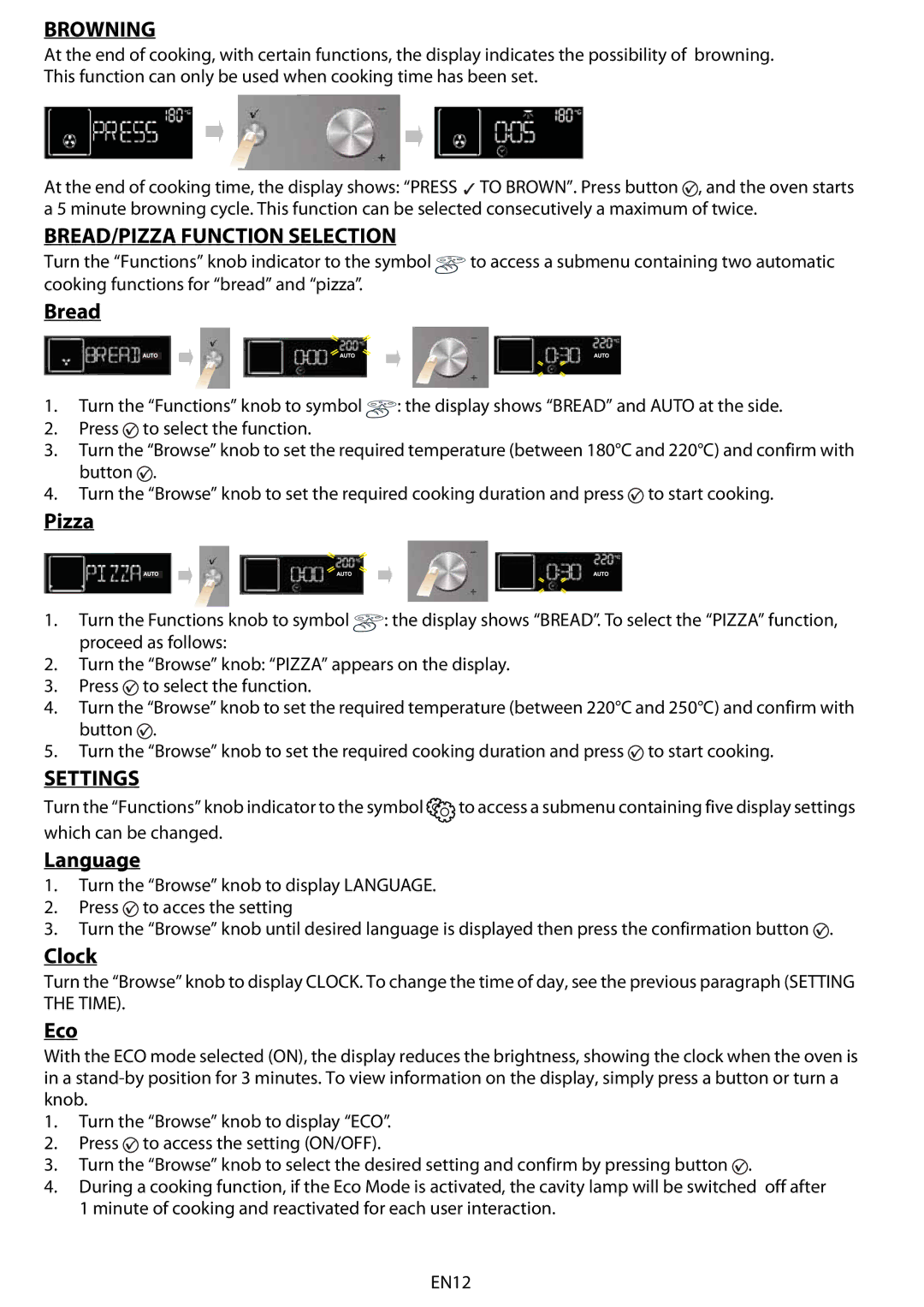 Whirlpool AKZM 6570 manual do utilizador Browning, BREAD/PIZZA Function Selection, Settings 