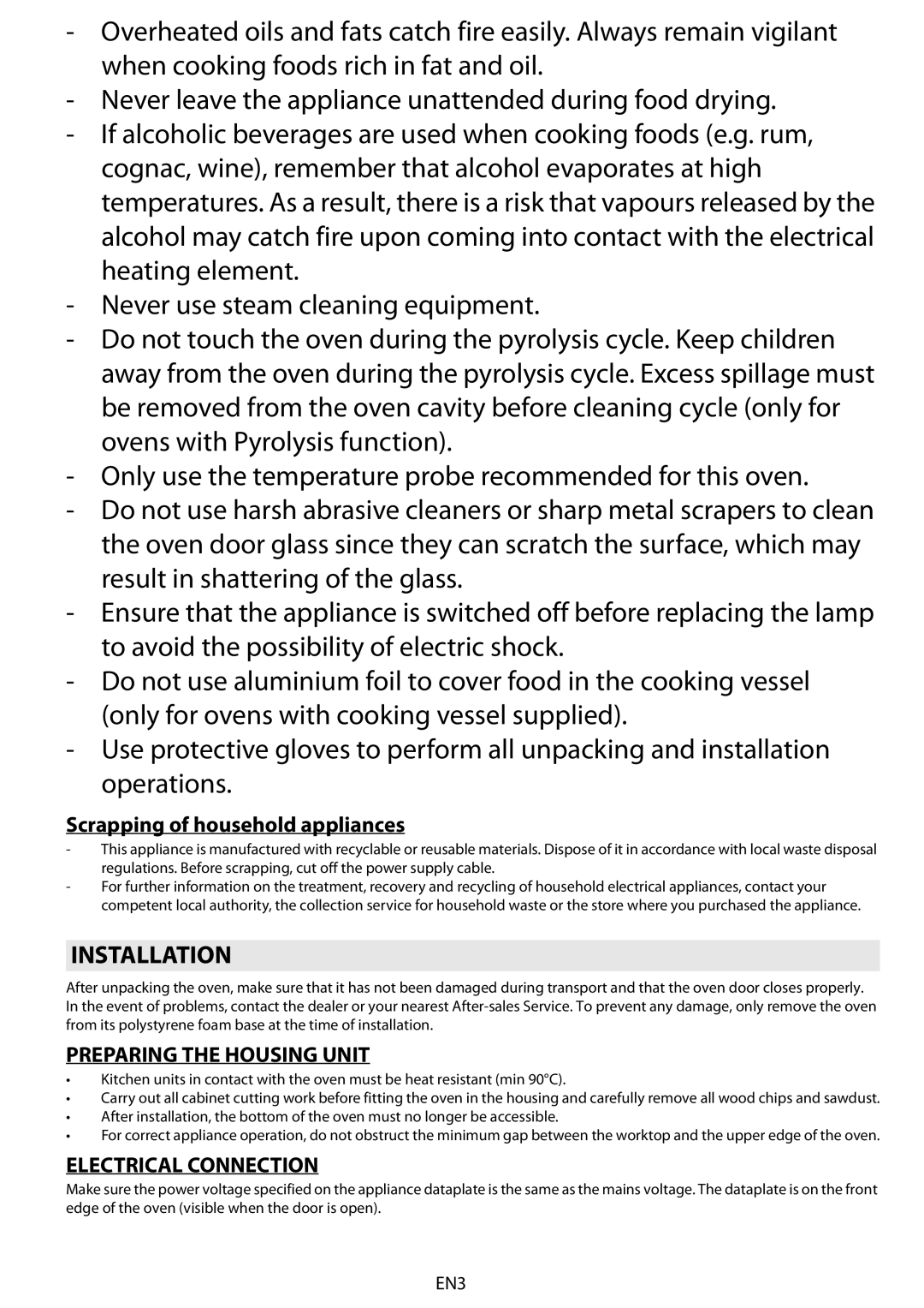 Whirlpool AKZM 6570 Installation, Scrapping of household appliances, Preparing the Housing Unit, Electrical Connection 