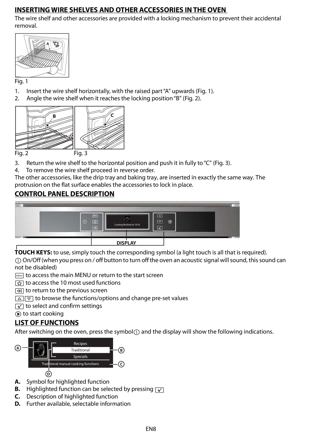 Whirlpool AKZM 663 Inserting Wire Shelves and Other Accessories in the Oven, Control Panel Description, List of Functions 