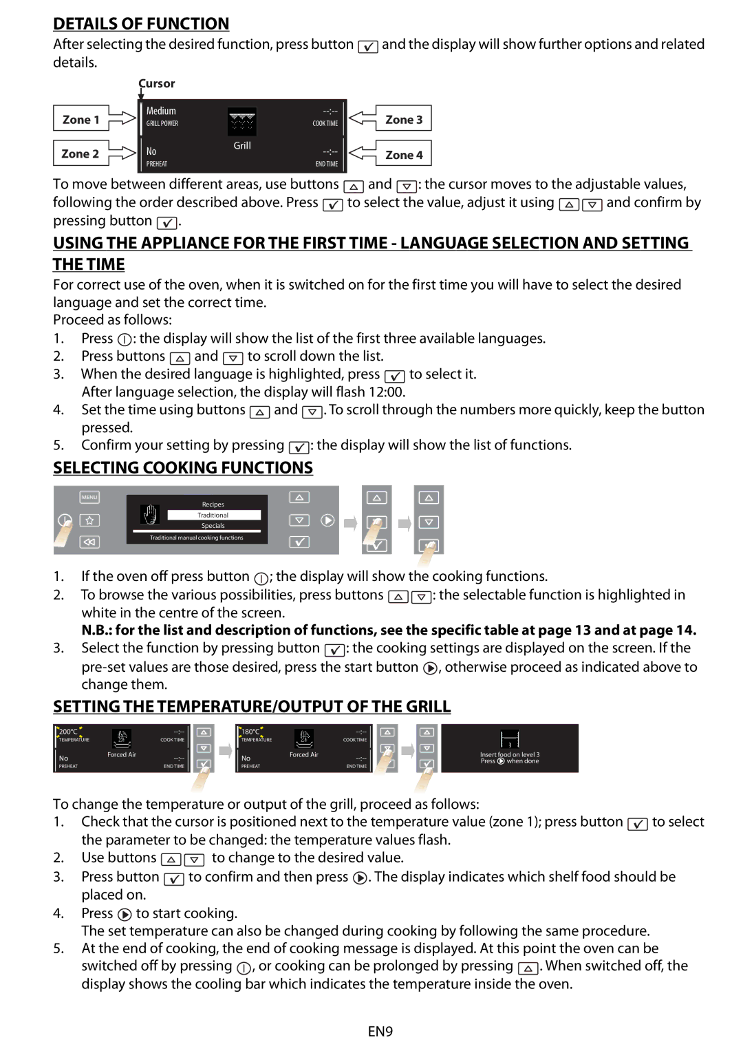 Whirlpool AKZM 663 manual Details of Function, Selecting Cooking Functions, Setting the TEMPERATURE/OUTPUT of the Grill 