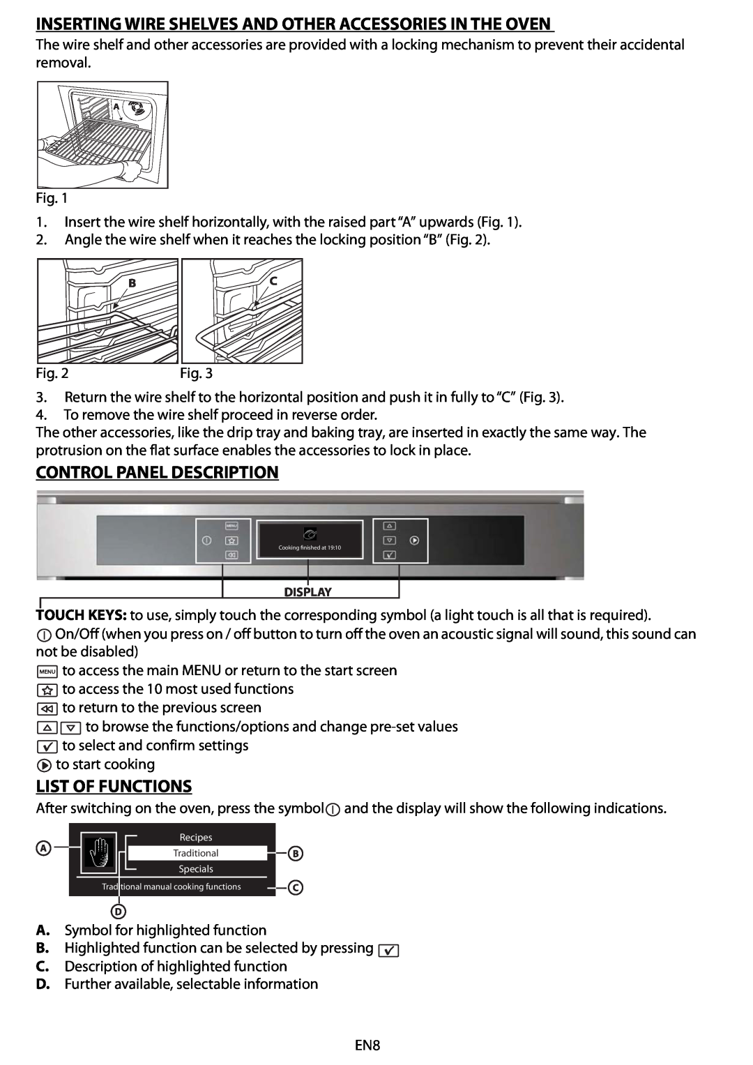 Whirlpool AKZM 663 Inserting Wire Shelves And Other Accessories In The Oven, Control Panel Description, List Of Functions 