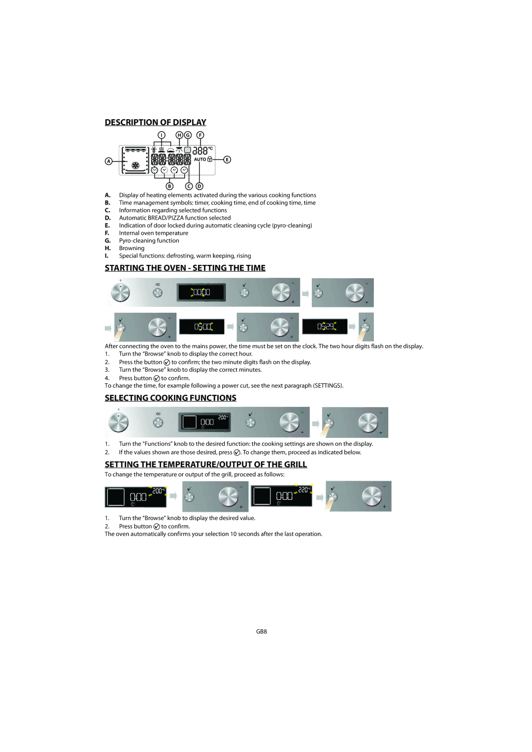 Whirlpool AKZM 755 Description of Display, Starting the Oven Setting the Time, Selecting Cooking Functions 