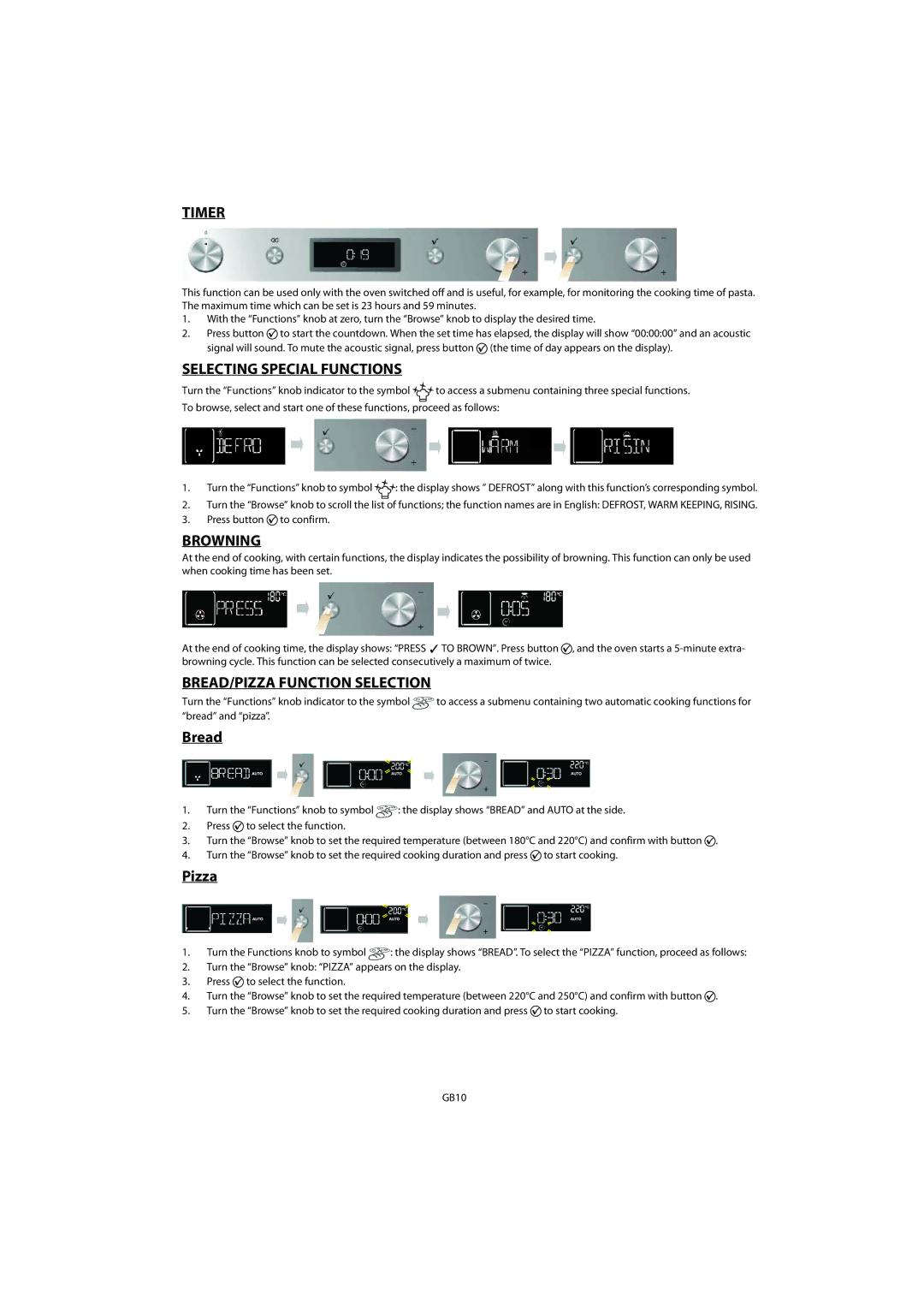 Whirlpool AKZM 755 manuel dutilisation Timer, Selecting Special Functions, Browning, BREAD/PIZZA Function Selection 