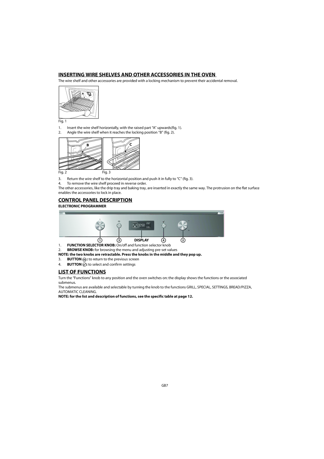 Whirlpool AKZM 755 Inserting Wire Shelves and Other Accessories in the Oven, Control Panel Description, List of Functions 