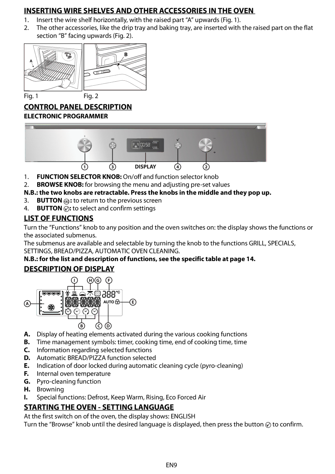 Whirlpool AKZM 755 Inserting Wire Shelves and Other Accessories in the Oven, Control Panel Description, List of Functions 