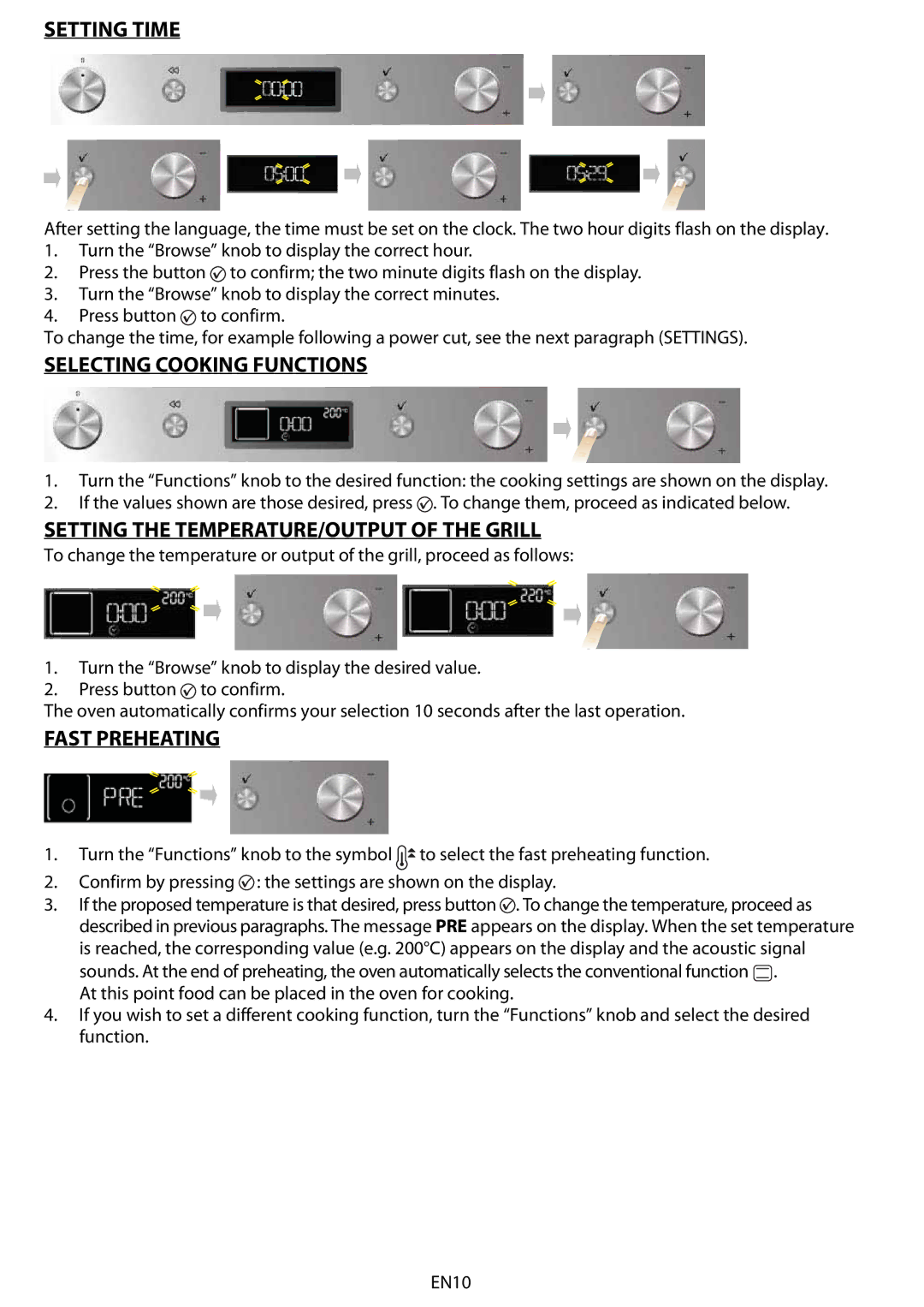 Whirlpool AKZM 755 Setting Time, Selecting Cooking Functions, Setting the TEMPERATURE/OUTPUT of the Grill, Fast Preheating 