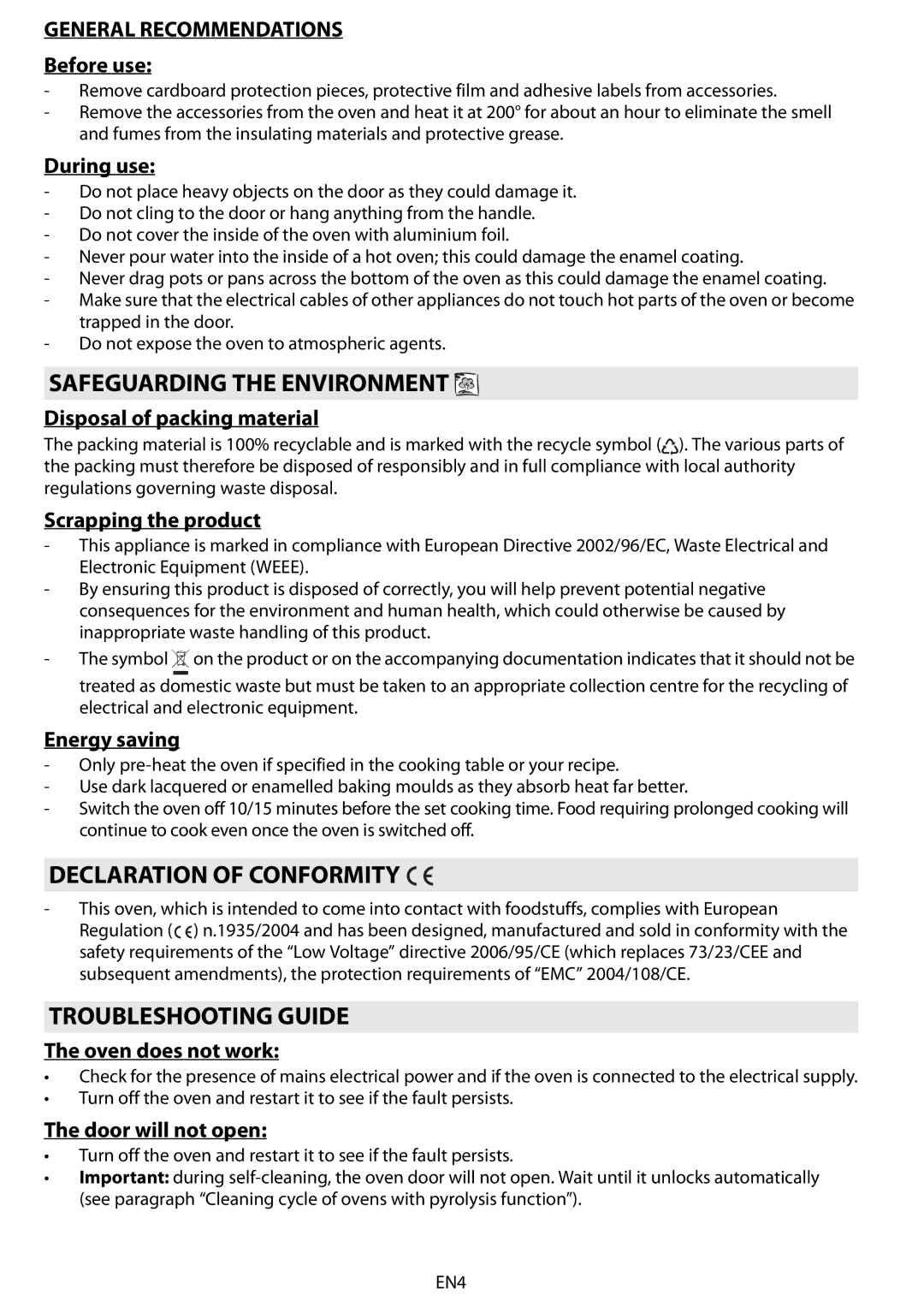 Whirlpool AKZM 755 Safeguarding the Environment, Declaration of Conformity, Troubleshooting Guide, General Recommendations 