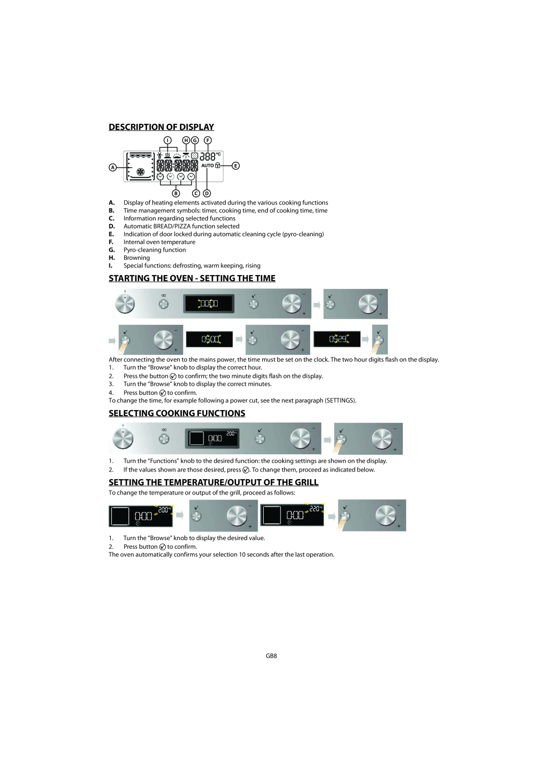 Whirlpool AKZM 755 Description Of Display, Starting The Oven - Setting The Time, Selecting Cooking Functions 