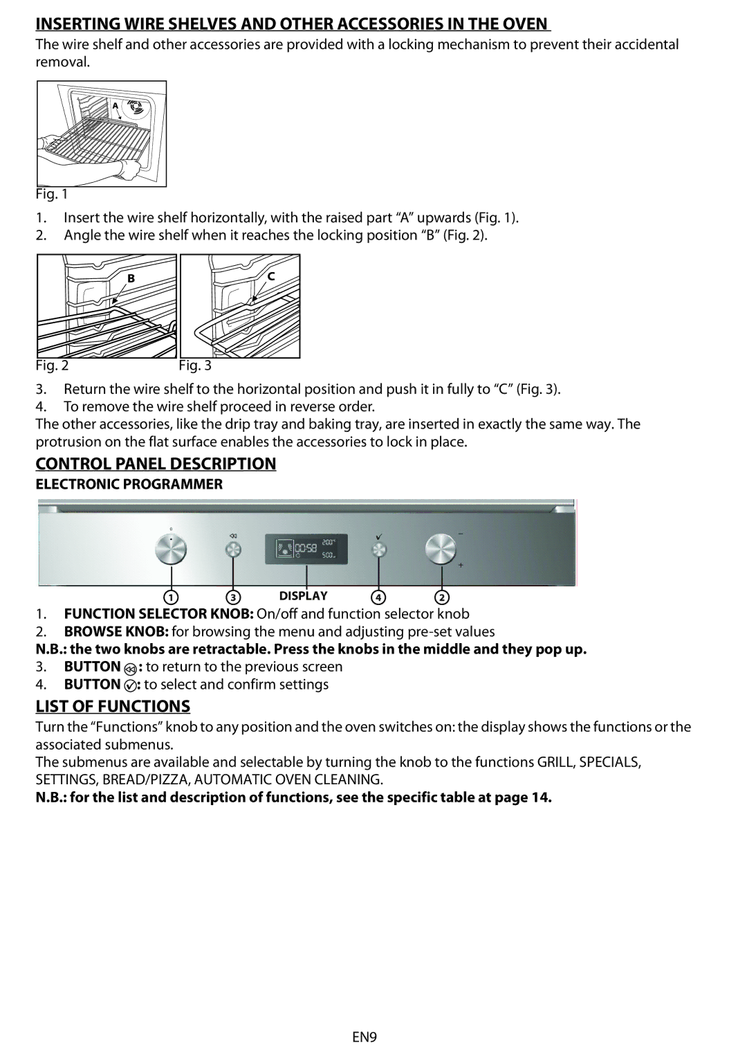 Whirlpool AKZM 775 Inserting Wire Shelves and Other Accessories in the Oven, Control Panel Description, List of Functions 