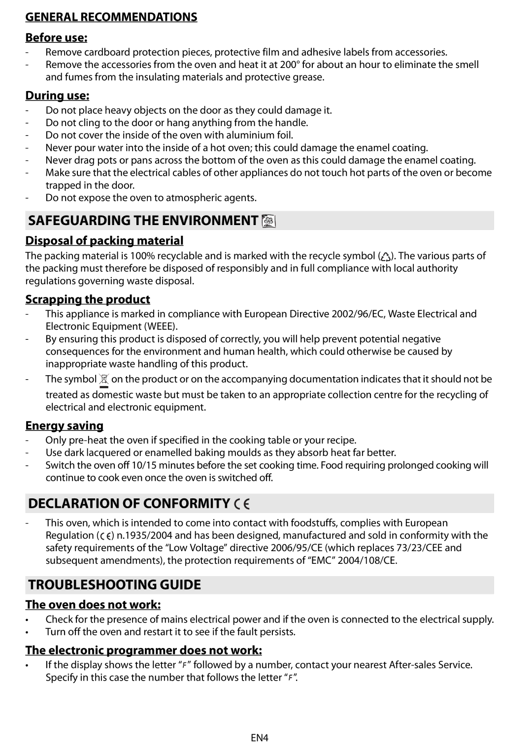 Whirlpool AKZM 775 Safeguarding the Environment, Declaration of Conformity, Troubleshooting Guide, General Recommendations 