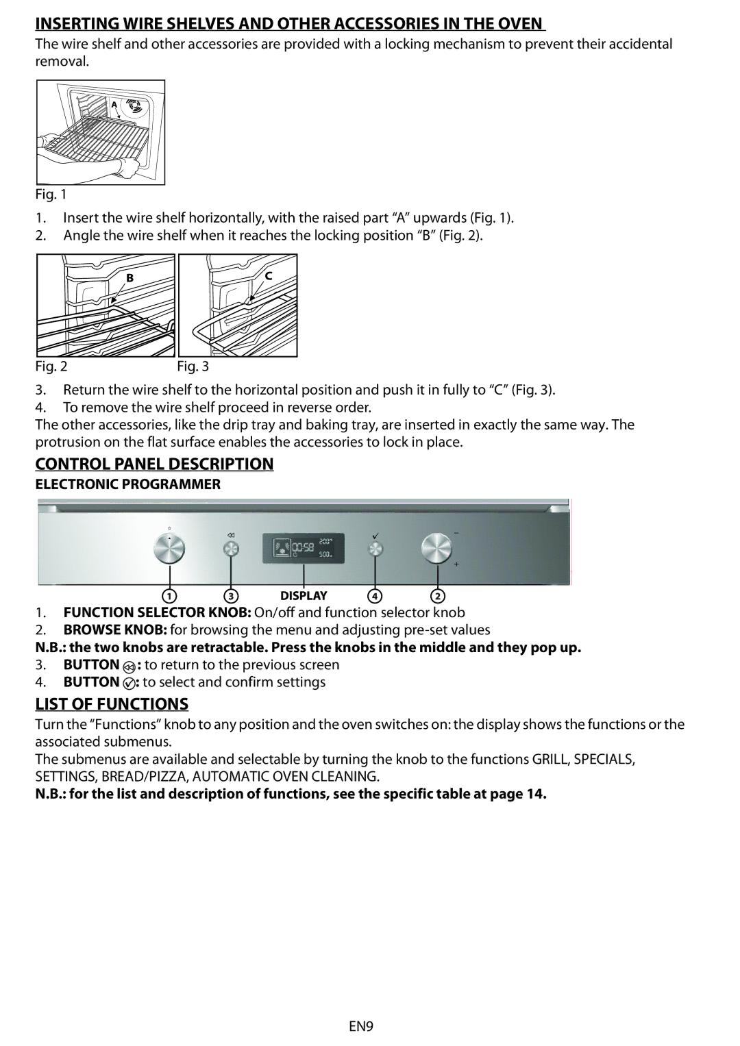 Whirlpool AKZM 775 Inserting Wire Shelves and Other Accessories in the Oven, Control Panel Description, List of Functions 