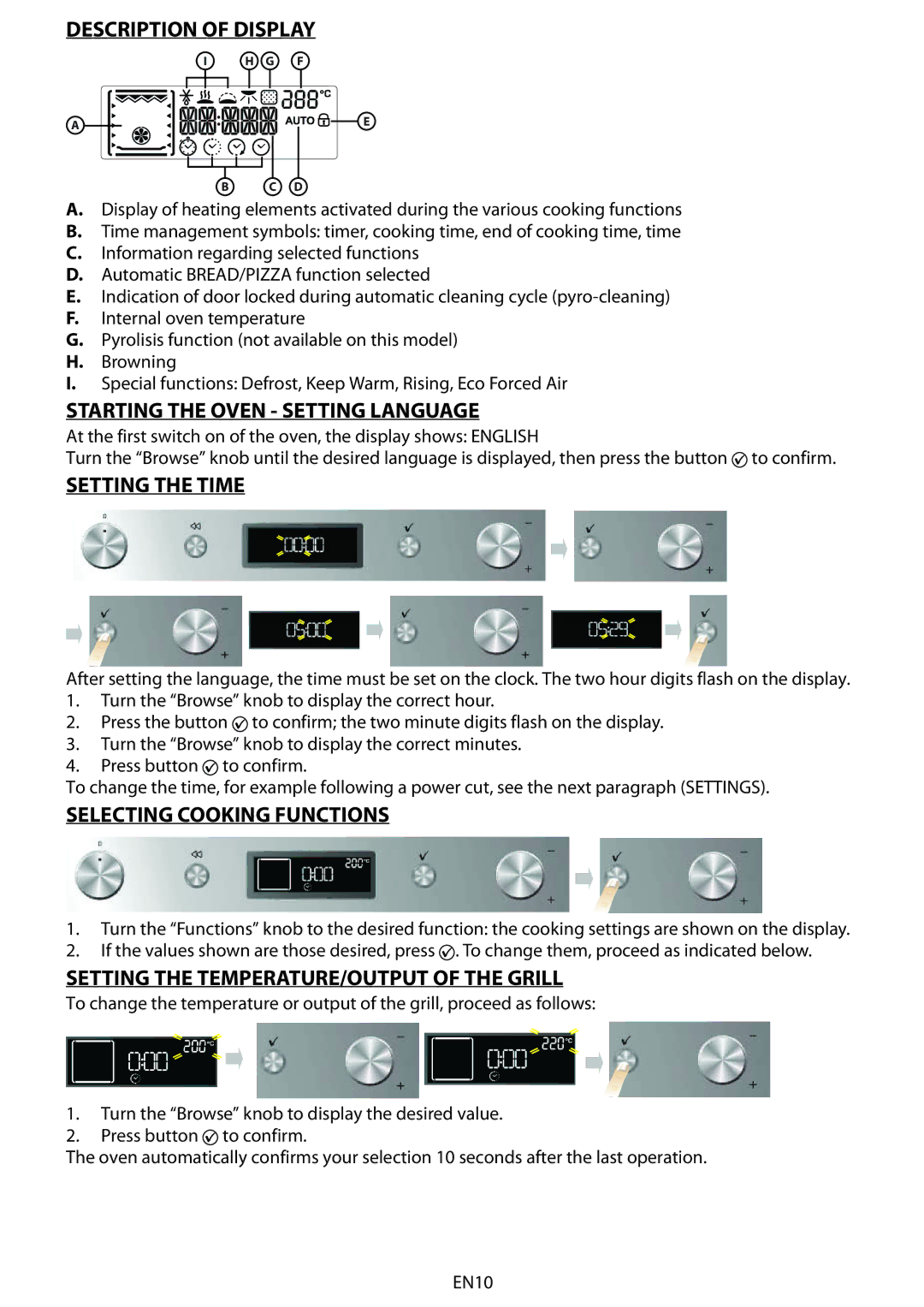 Whirlpool AKZM 775 manual do utilizador Description of Display, Starting the Oven Setting Language, Setting the Time 