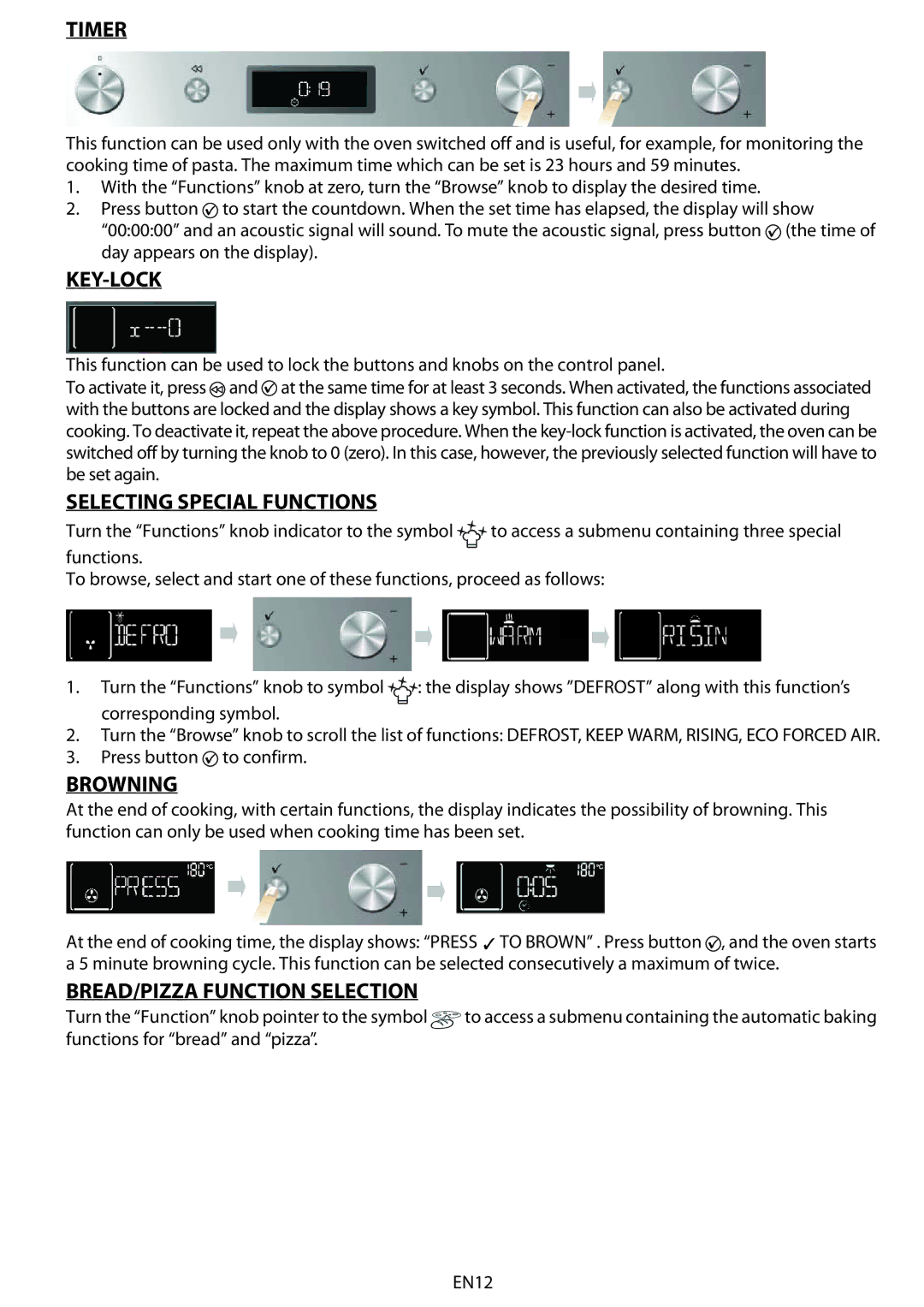 Whirlpool AKZM 775 Timer, Key-Lock, Selecting Special Functions, Browning, BREAD/PIZZA Function Selection 