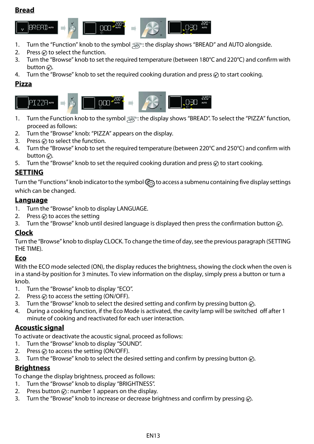 Whirlpool AKZM 775 manual do utilizador Bread, Pizza, Setting, Language, Clock, Acoustic signal, Brightness 