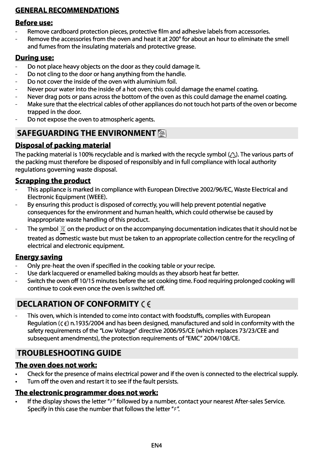 Whirlpool AKZM 775 Safeguarding The Environment, Declaration Of Conformity, Troubleshooting Guide, During use 