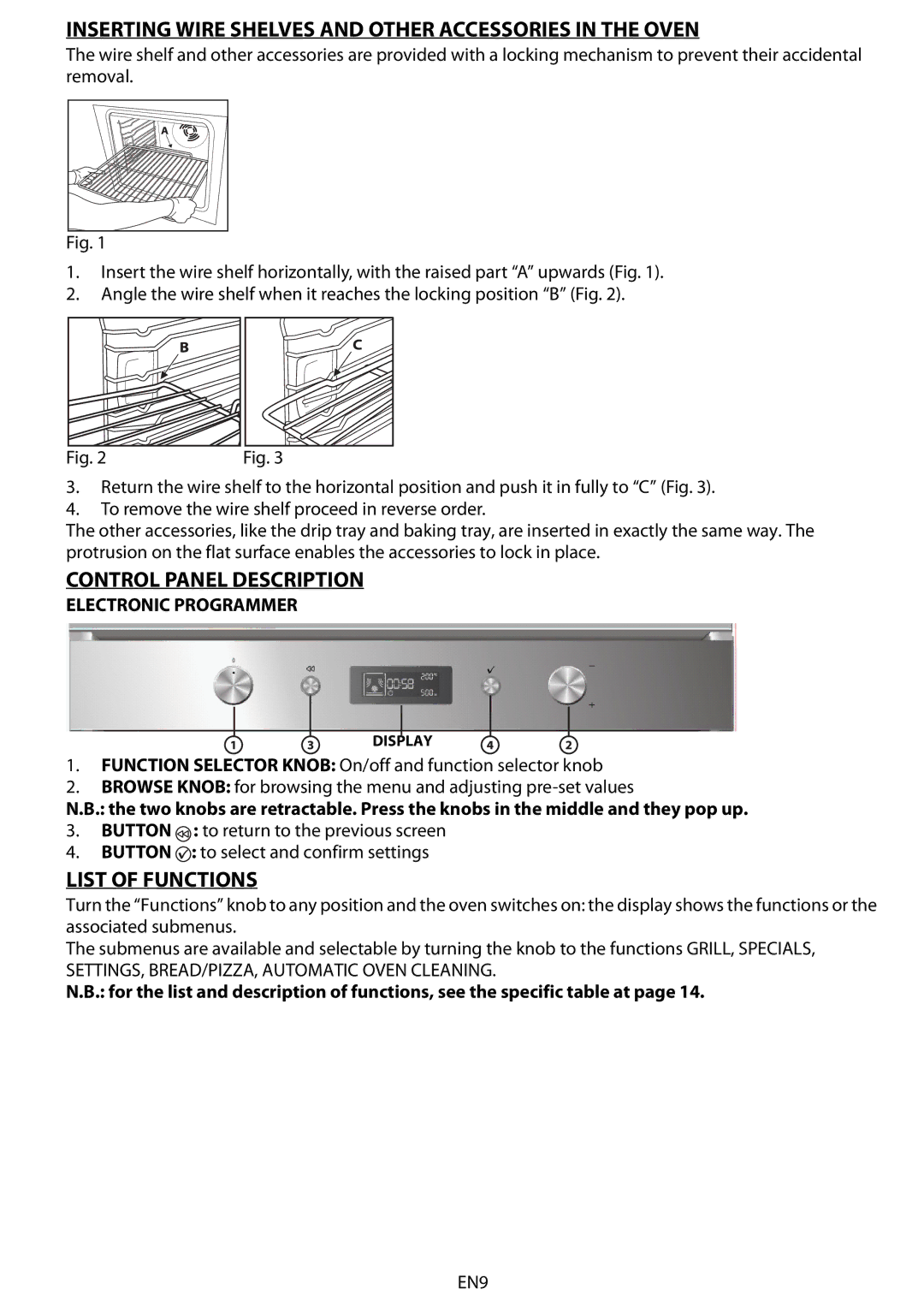 Whirlpool AKZM 778 Inserting Wire Shelves and Other Accessories in the Oven, Control Panel Description, List of Functions 