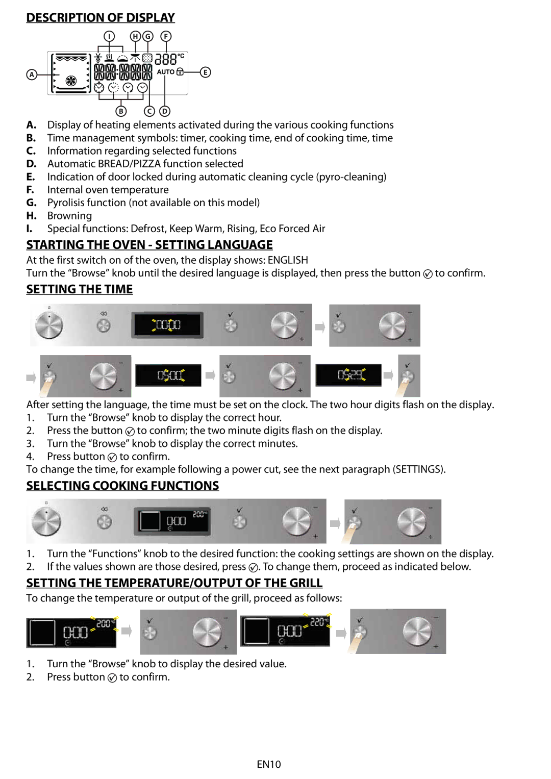 Whirlpool AKZM 778 manuel dutilisation Description of Display, Starting the Oven Setting Language, Setting the Time 