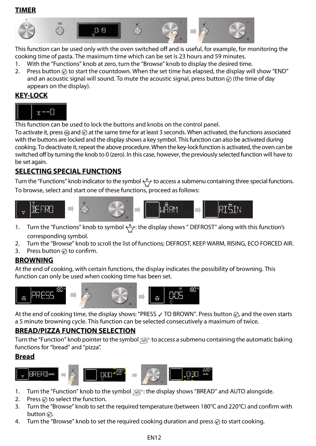 Whirlpool AKZM 778 Timer, Key-Lock, Selecting Special Functions, Browning, BREAD/PIZZA Function Selection 