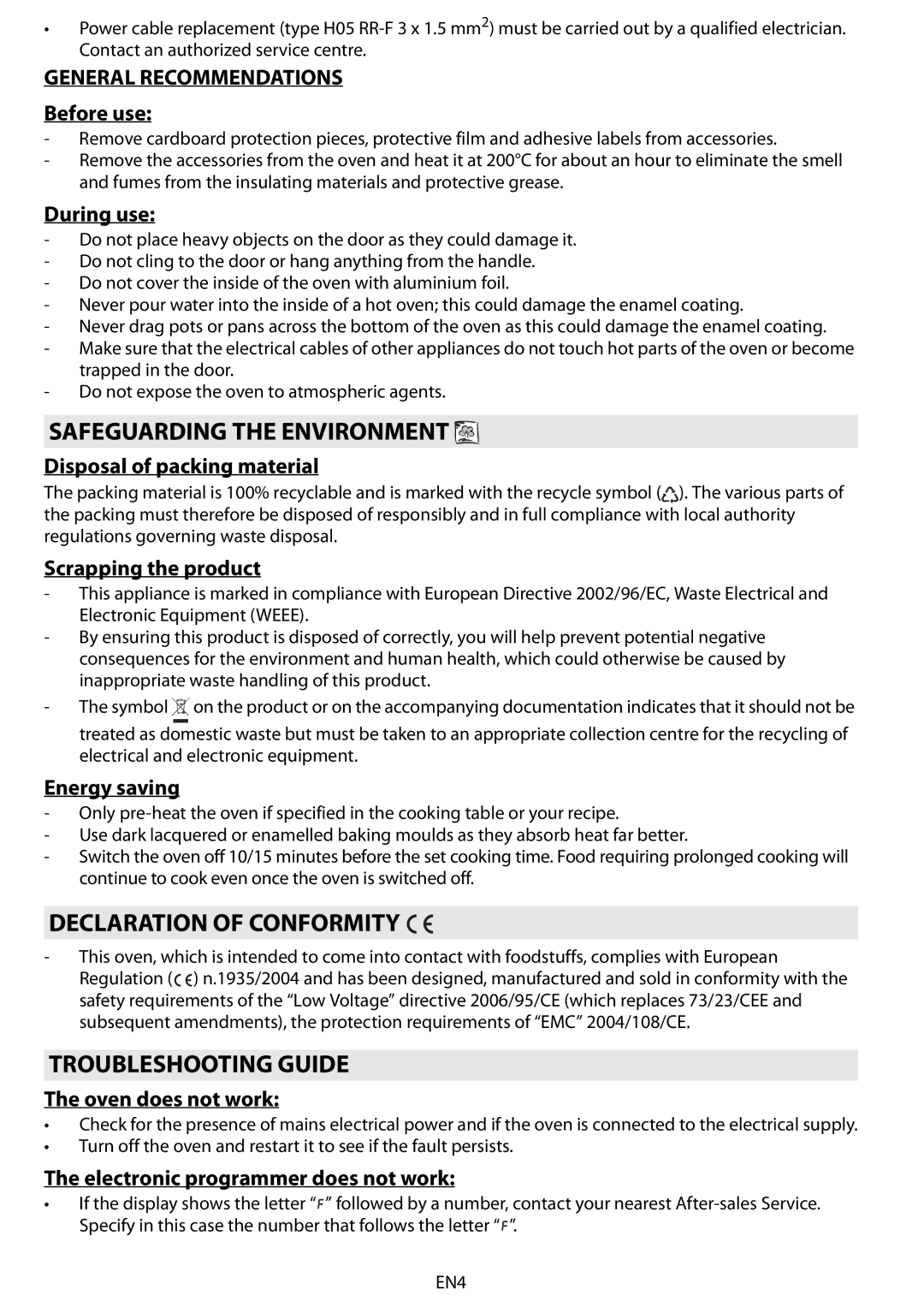 Whirlpool AKZM 778 Safeguarding the Environment, Declaration of Conformity, Troubleshooting Guide, General Recommendations 