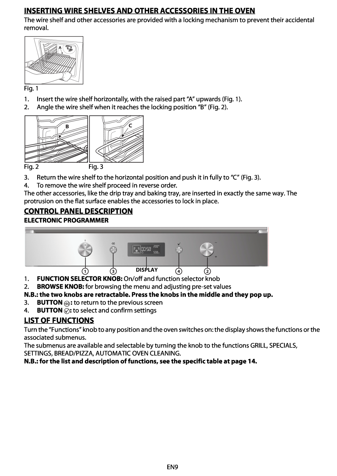 Whirlpool AKZM 778 Inserting Wire Shelves And Other Accessories In The Oven, Control Panel Description, List Of Functions 