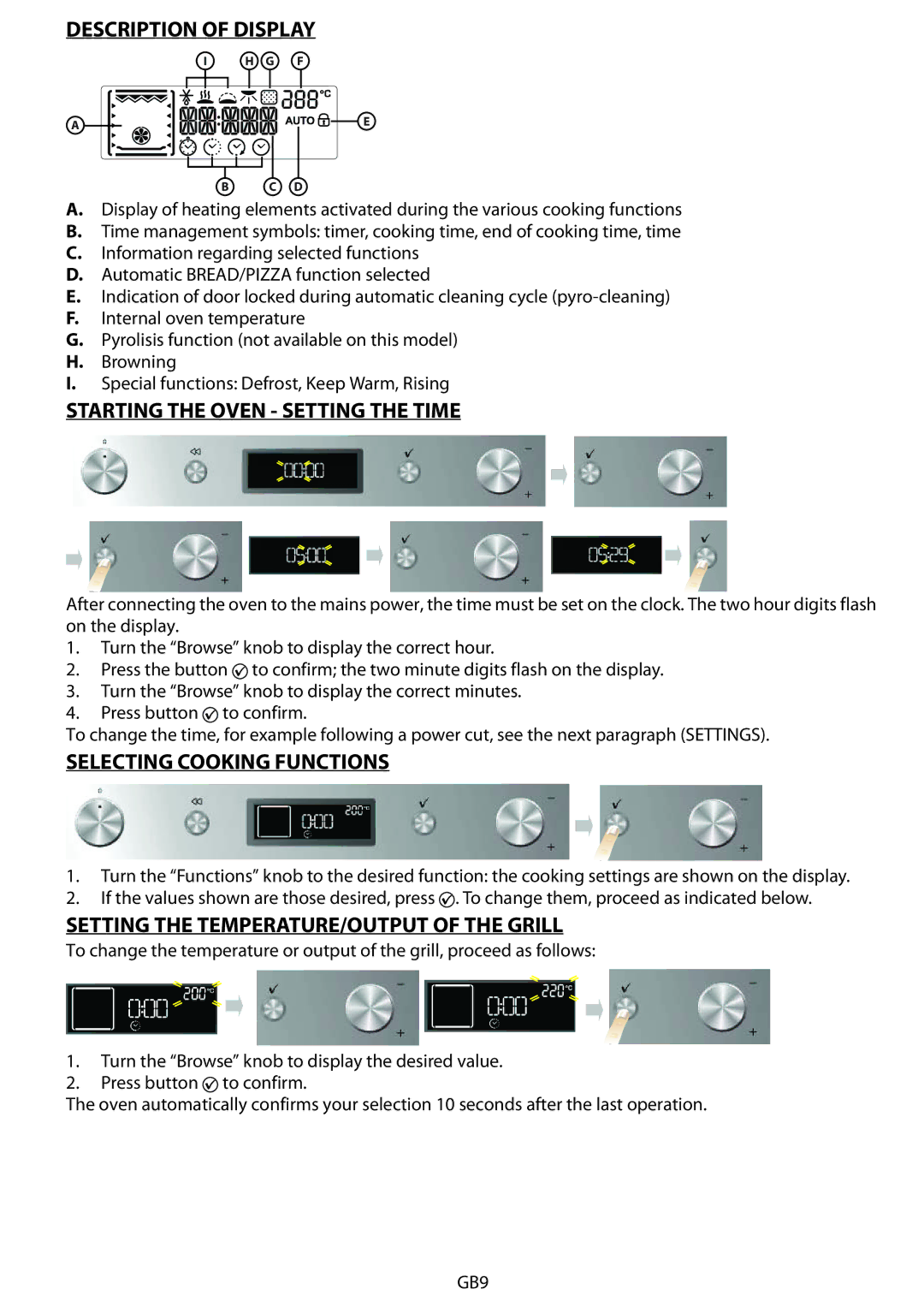 Whirlpool AKZM 788 manual Description of Display, Starting the Oven Setting the Time, Selecting Cooking Functions 