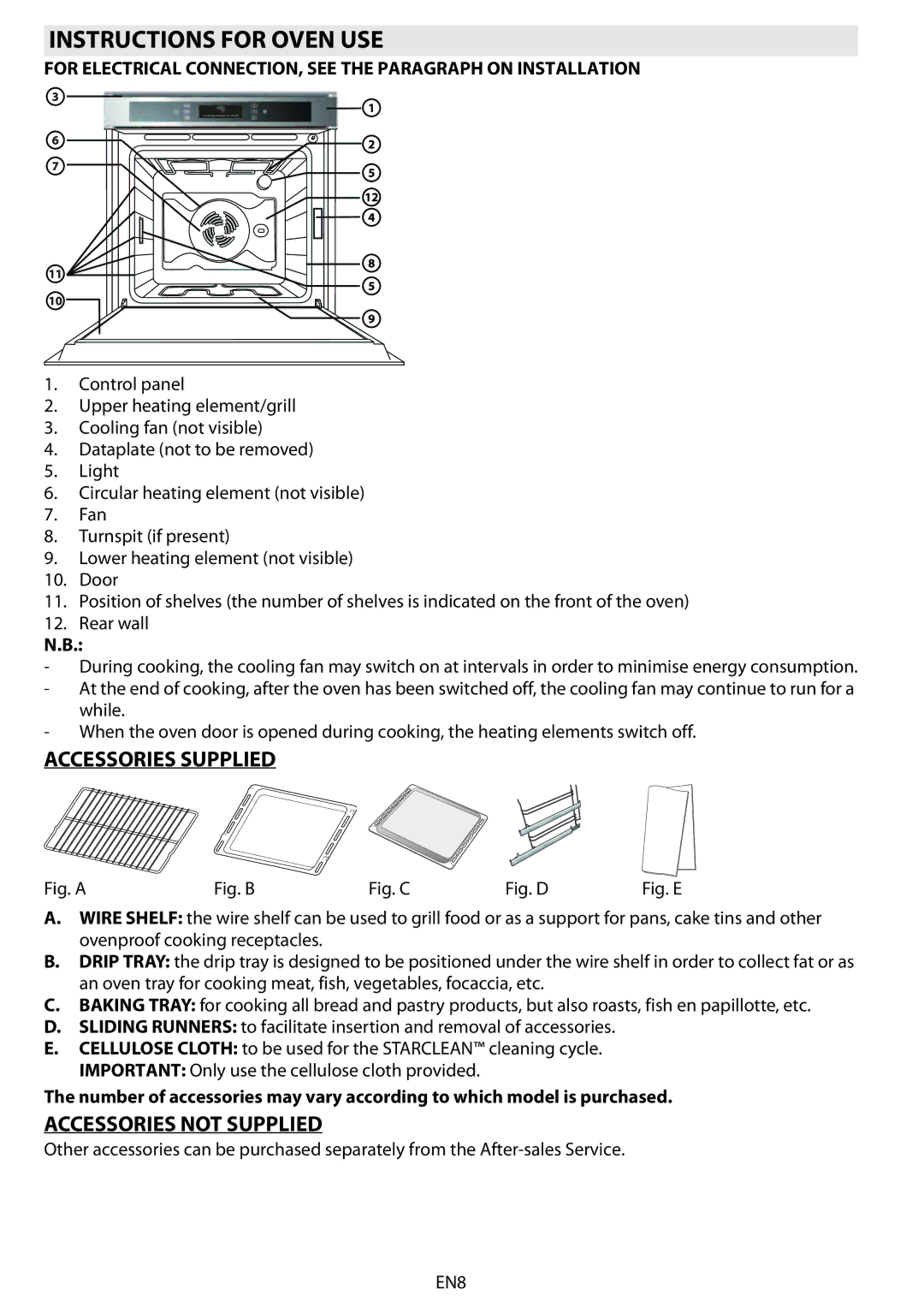 Whirlpool AKZM 838 manual Instructions for Oven USE, Accessories Supplied, Accessories not Supplied 