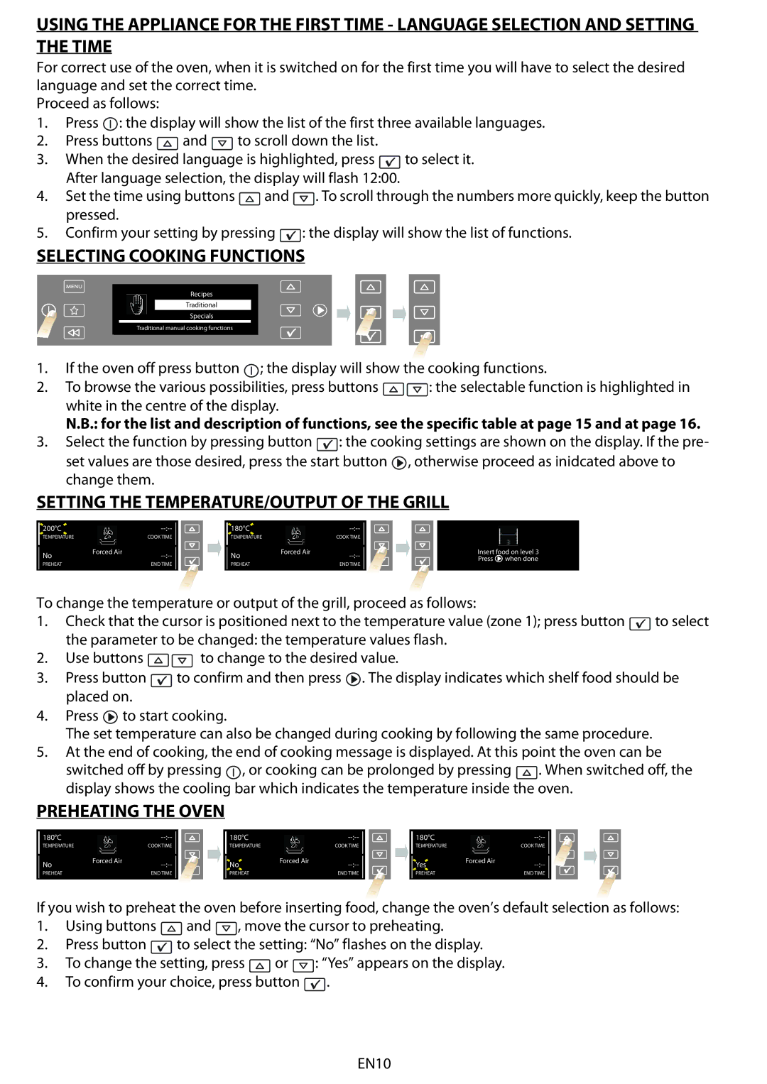 Whirlpool AKZM 838 manual Selecting Cooking Functions, Setting the TEMPERATURE/OUTPUT of the Grill, Preheating the Oven 