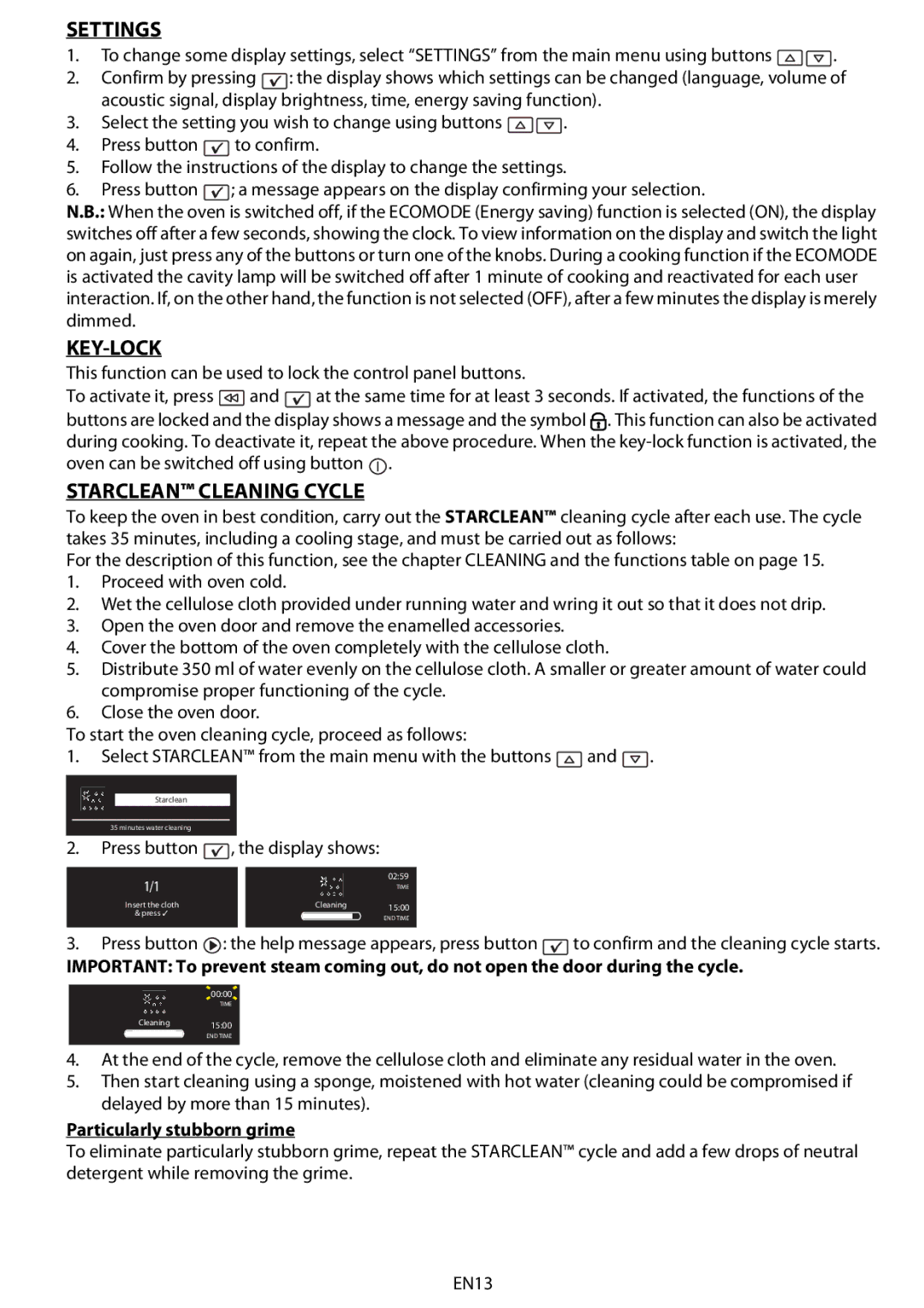 Whirlpool AKZM 838 manual Settings, Key-Lock, Starclean Cleaning Cycle, Particularly stubborn grime 