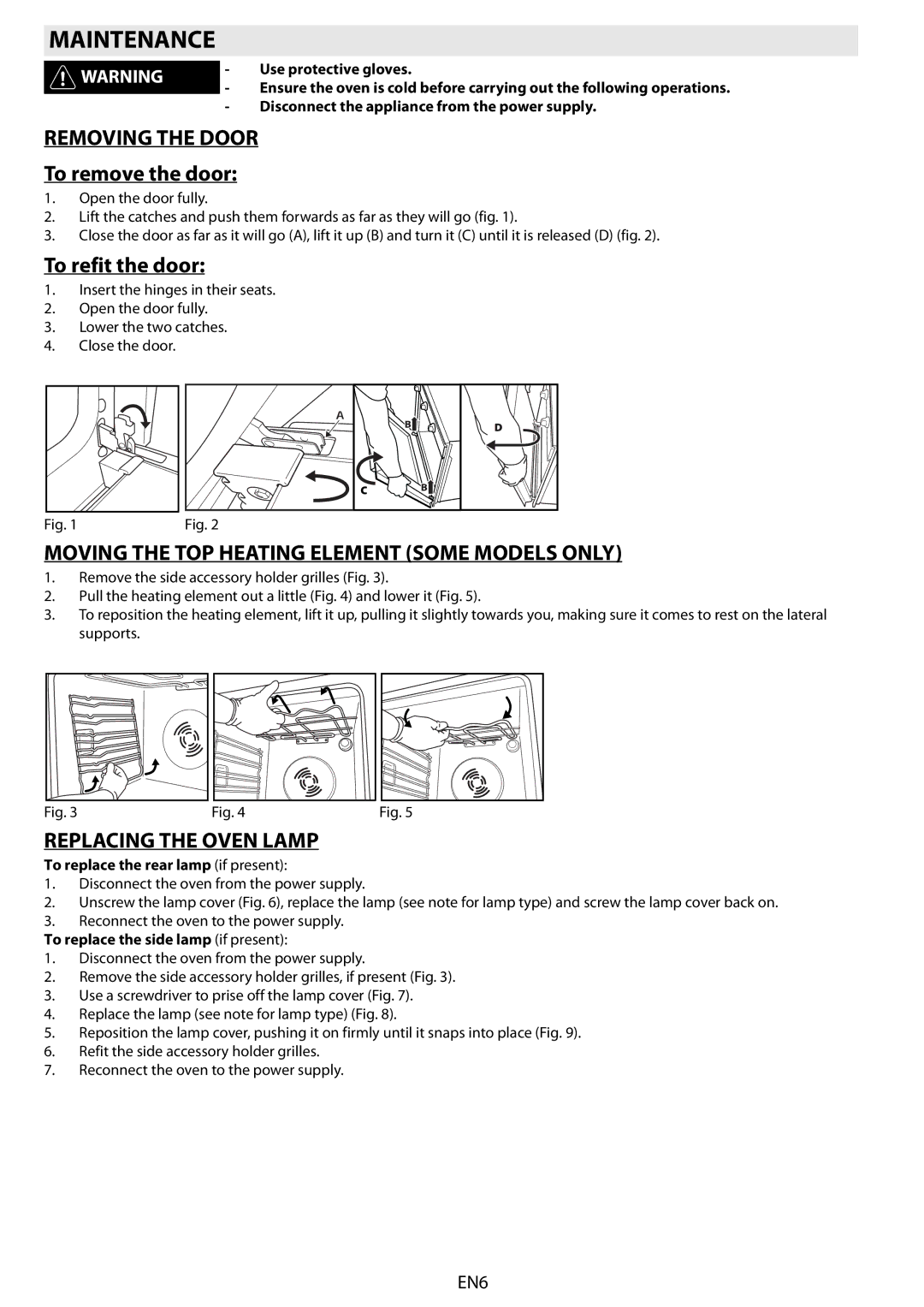 Whirlpool AKZM 838 manual Maintenance, Removing the Door, Moving the TOP Heating Element Some Models only 