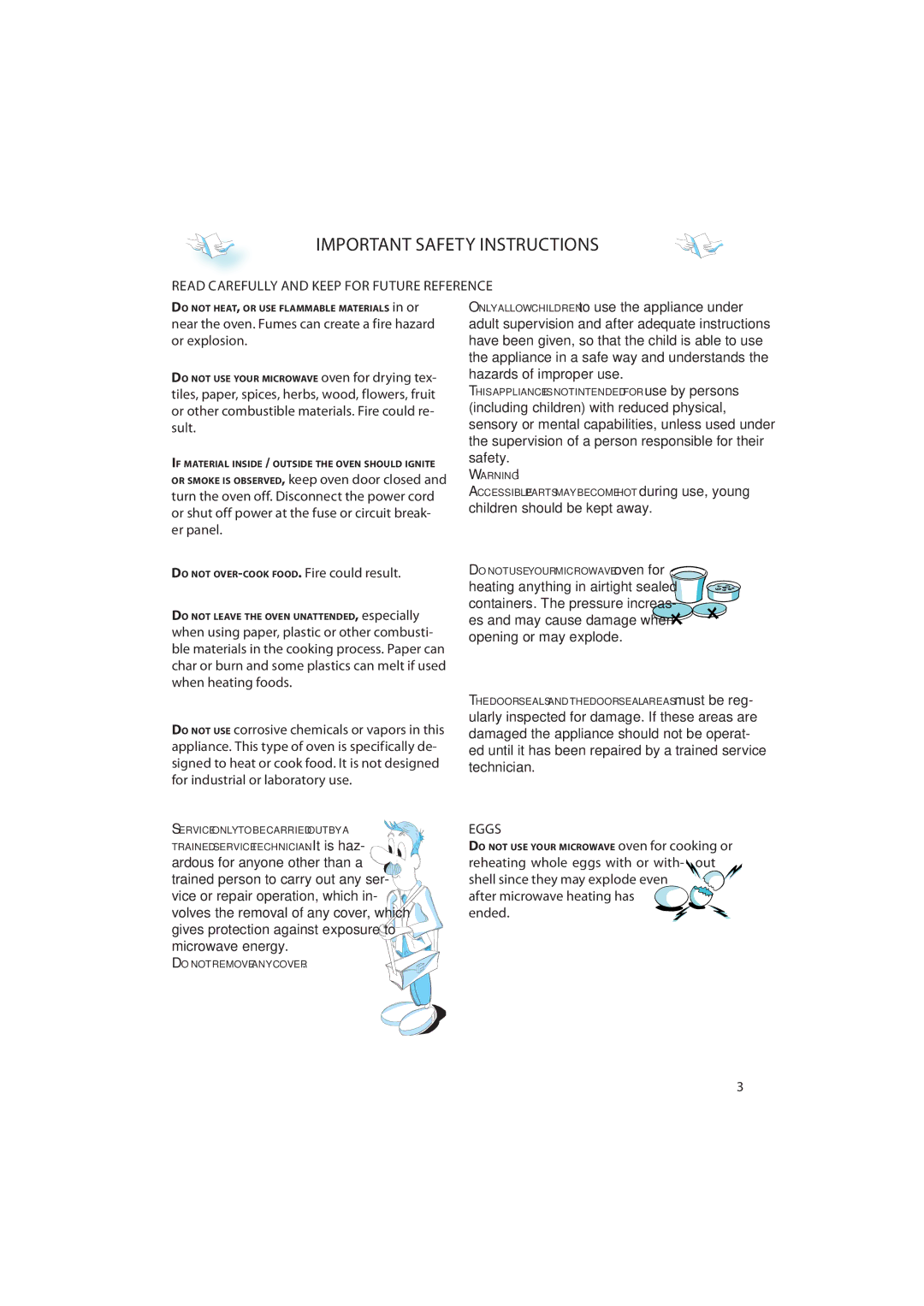 Whirlpool AVM 380, AMW 433, AVM 390 Important Safety Instructions, Read Carefully and Keep for Future Reference, Eggs 