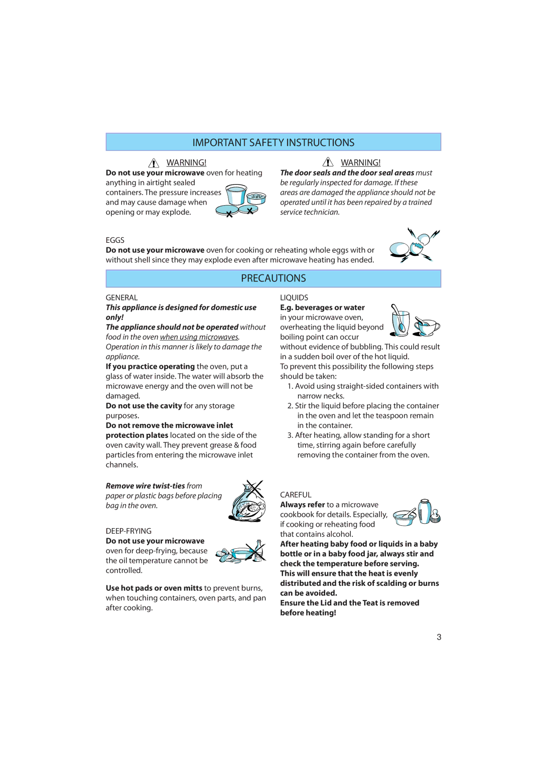 Whirlpool AMW 442, AMW 440, AMW 441 manual Precautions, Beverages or water 