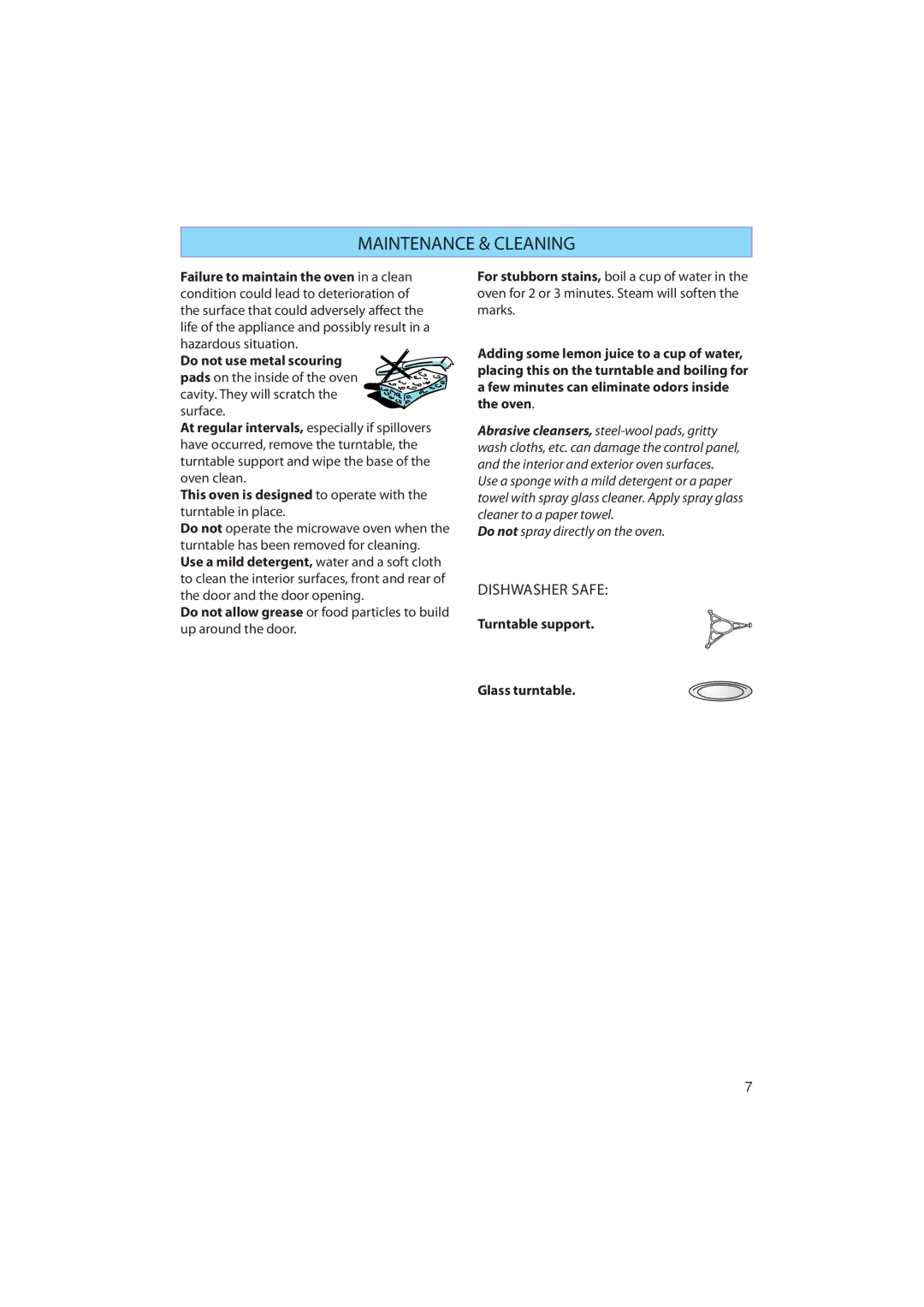 Whirlpool AMW 440, AMW 442, AMW 441 manual Maintenance & Cleaning, Turntable support Glass turntable 